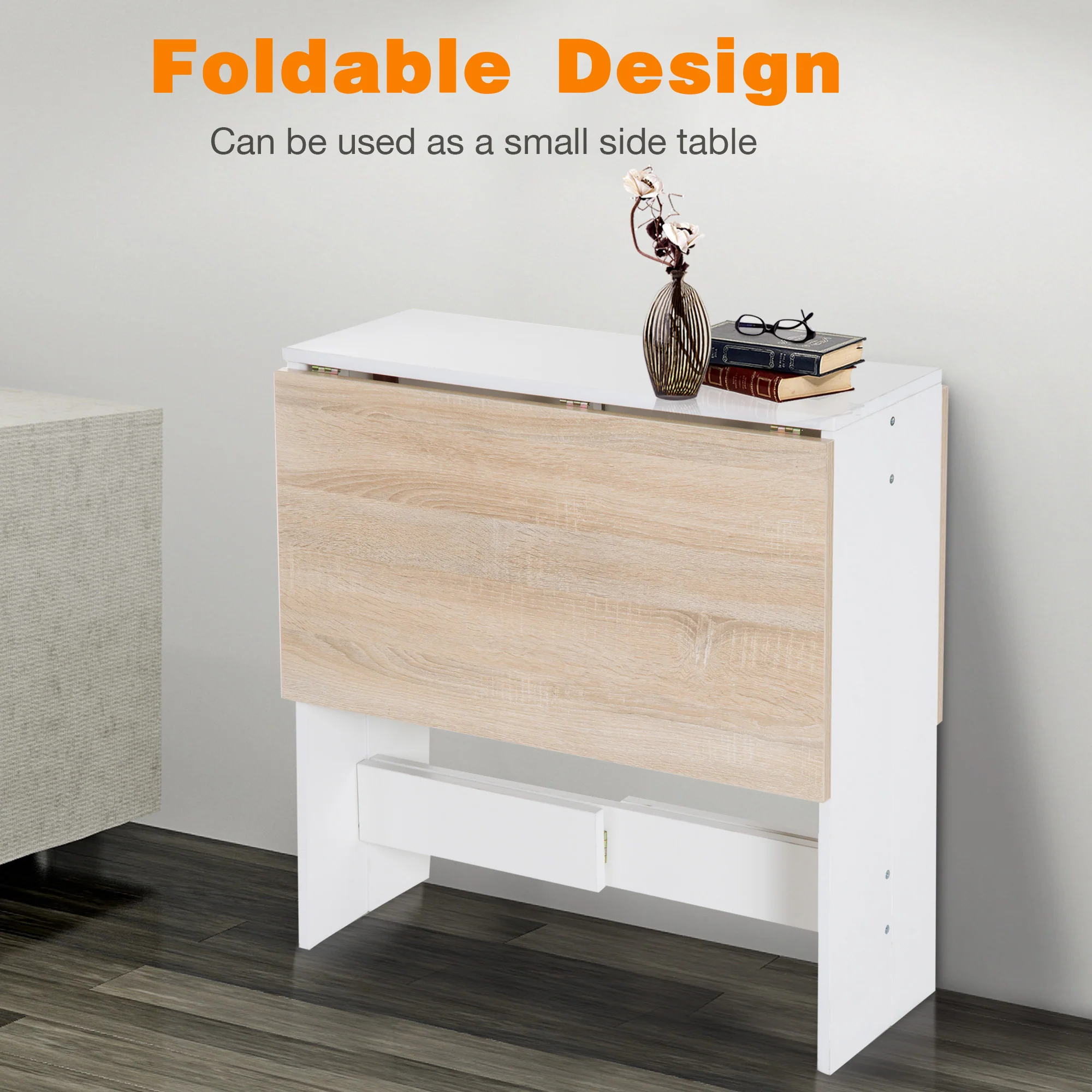 Folding Drop Leaf Dining Table for 2-4 People White and Oak - Image 9