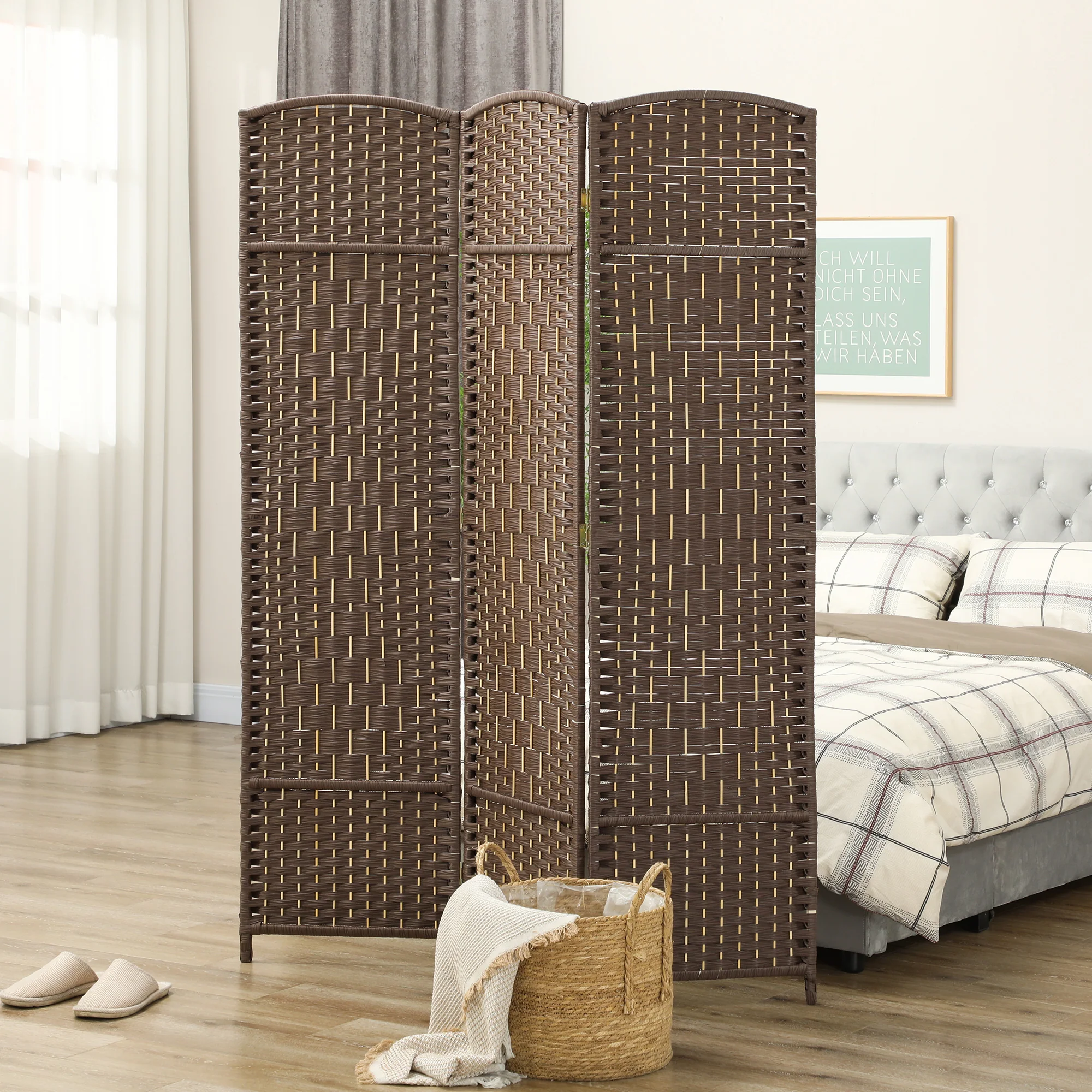 3 Panel 6' Tall Privacy Screen Freestanding Wood Partition, Brown - Image 4