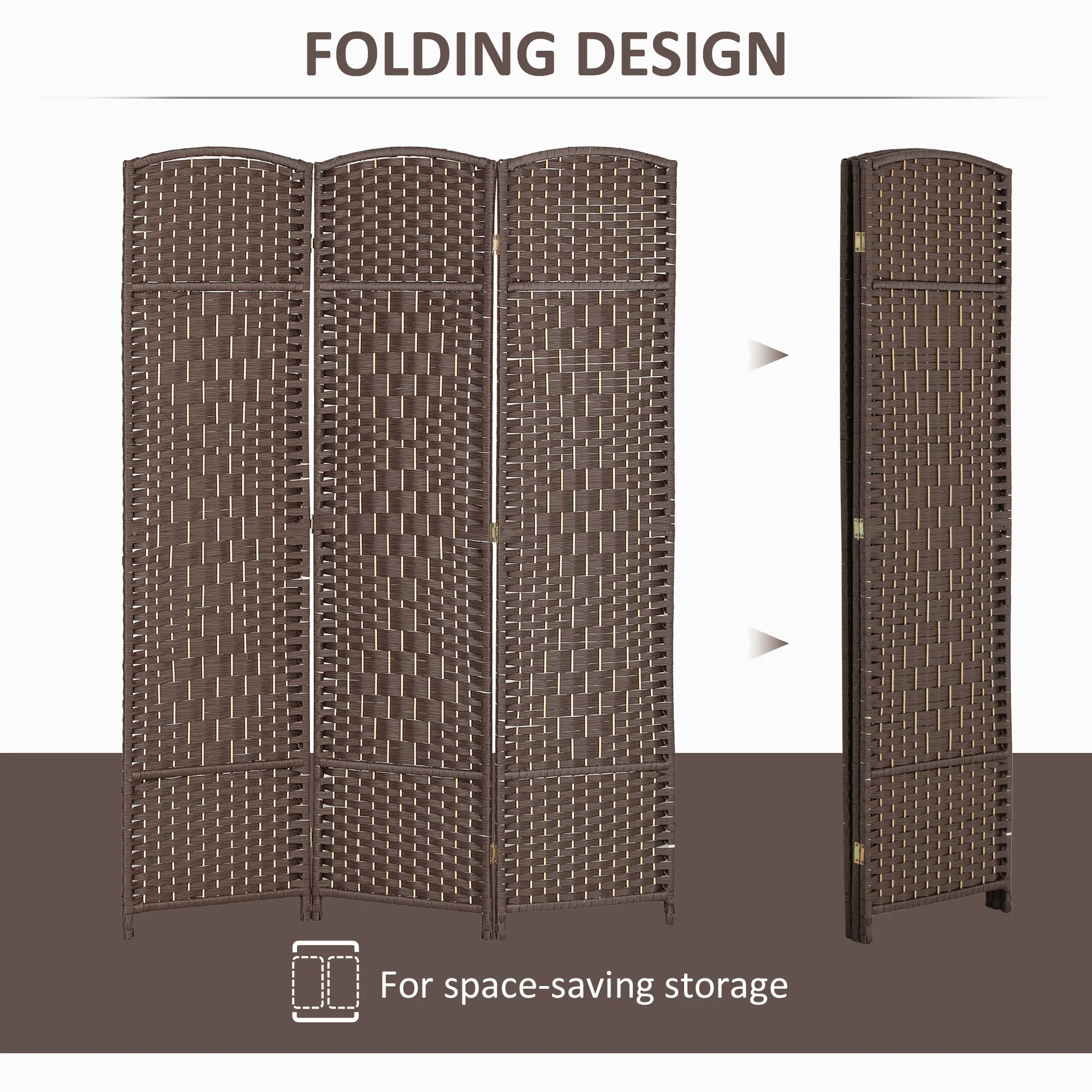 3 Panel 6' Tall Privacy Screen Freestanding Wood Partition, Brown - Image 6
