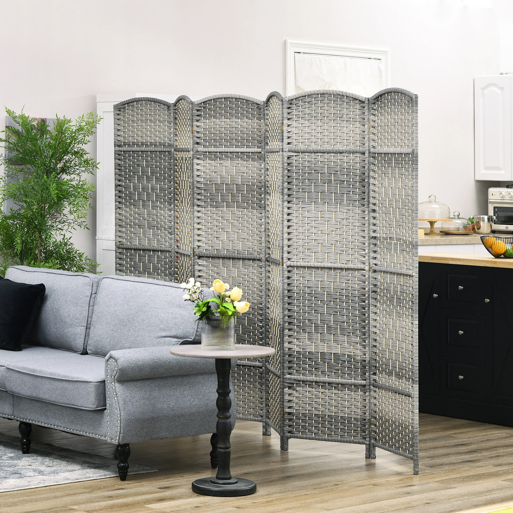 6 Panel 6' Tall Privacy Screen Freestanding Wood Partition, Gray - Image 3