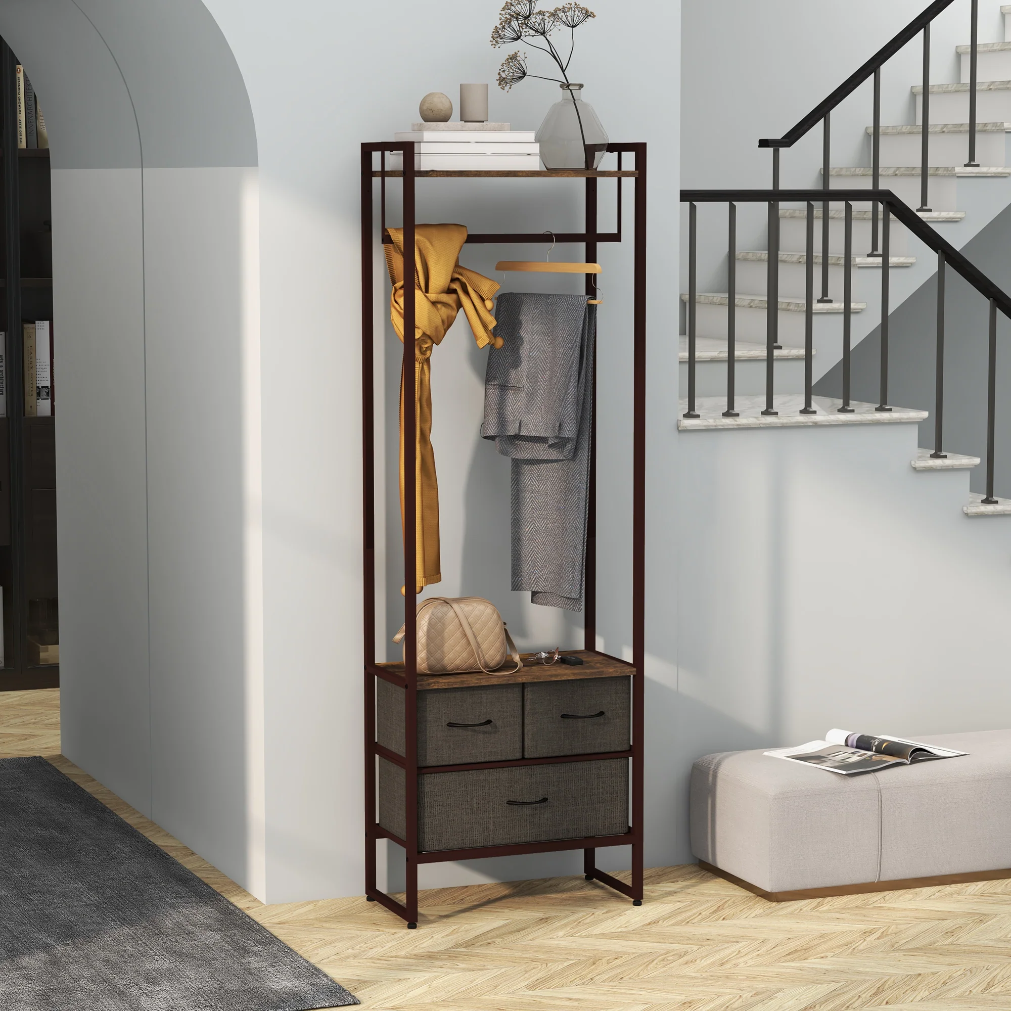 Free Standing Clothes Rail with 3 Fabric Drawers and Storage Shelves, Garment Rack, Hanging Rail for Hallway, Bedroom and Living Room, Rustic Brown - Image 3