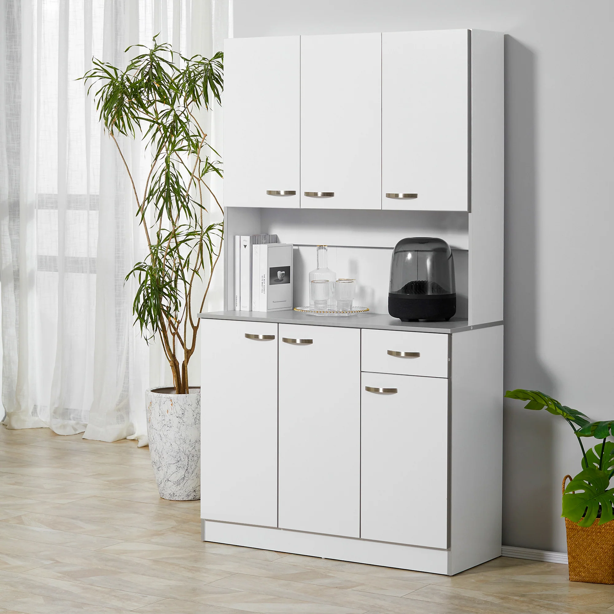 71" Buffet with Hutch, Storage Pantry w/ 6 Doors, 3 Adjustable Shelves & Drawer, White - Image 10