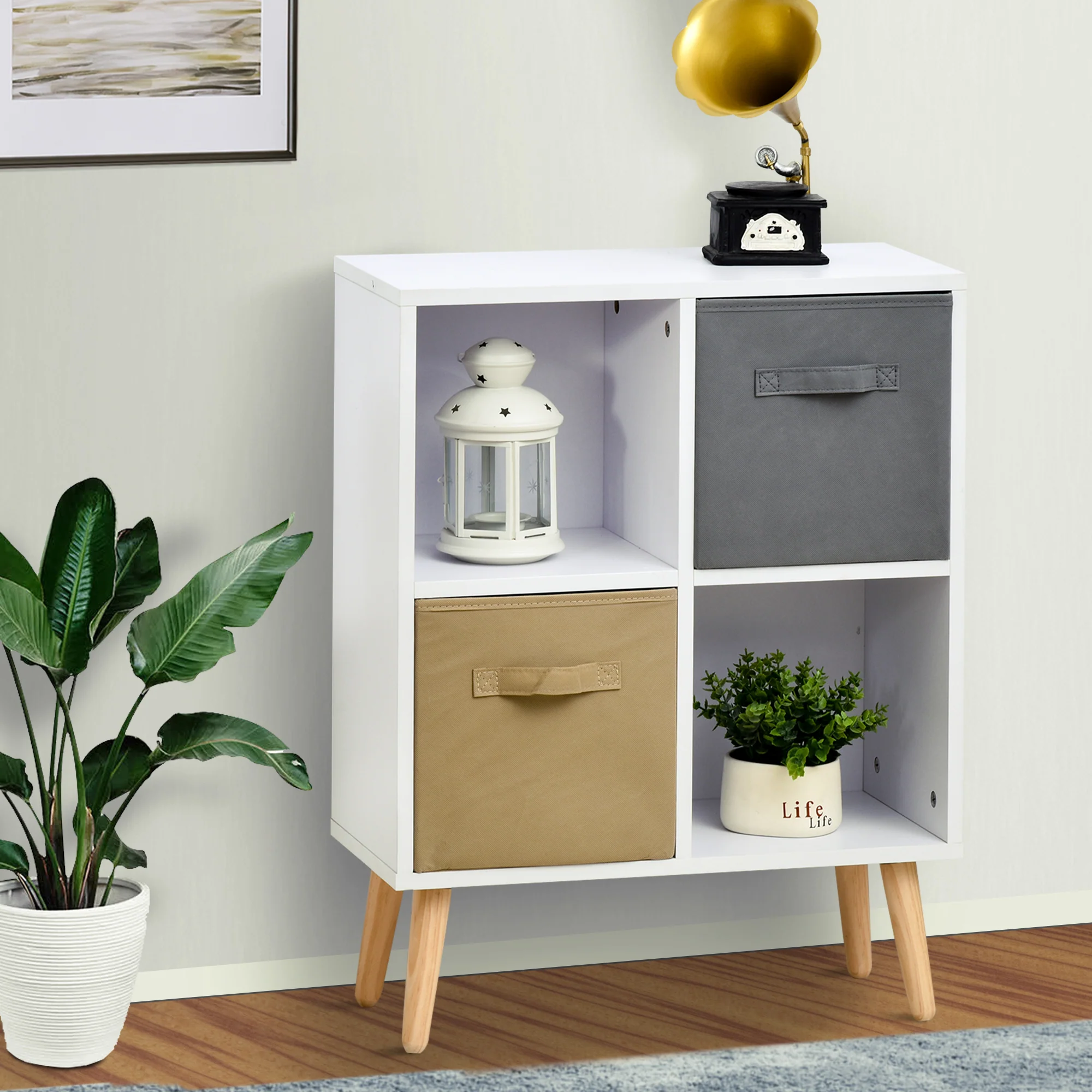Freestanding 4 Cube Storage Cabinet Unit with 2 Cloth Drawers, Modern Organisation Shelves - Image 3