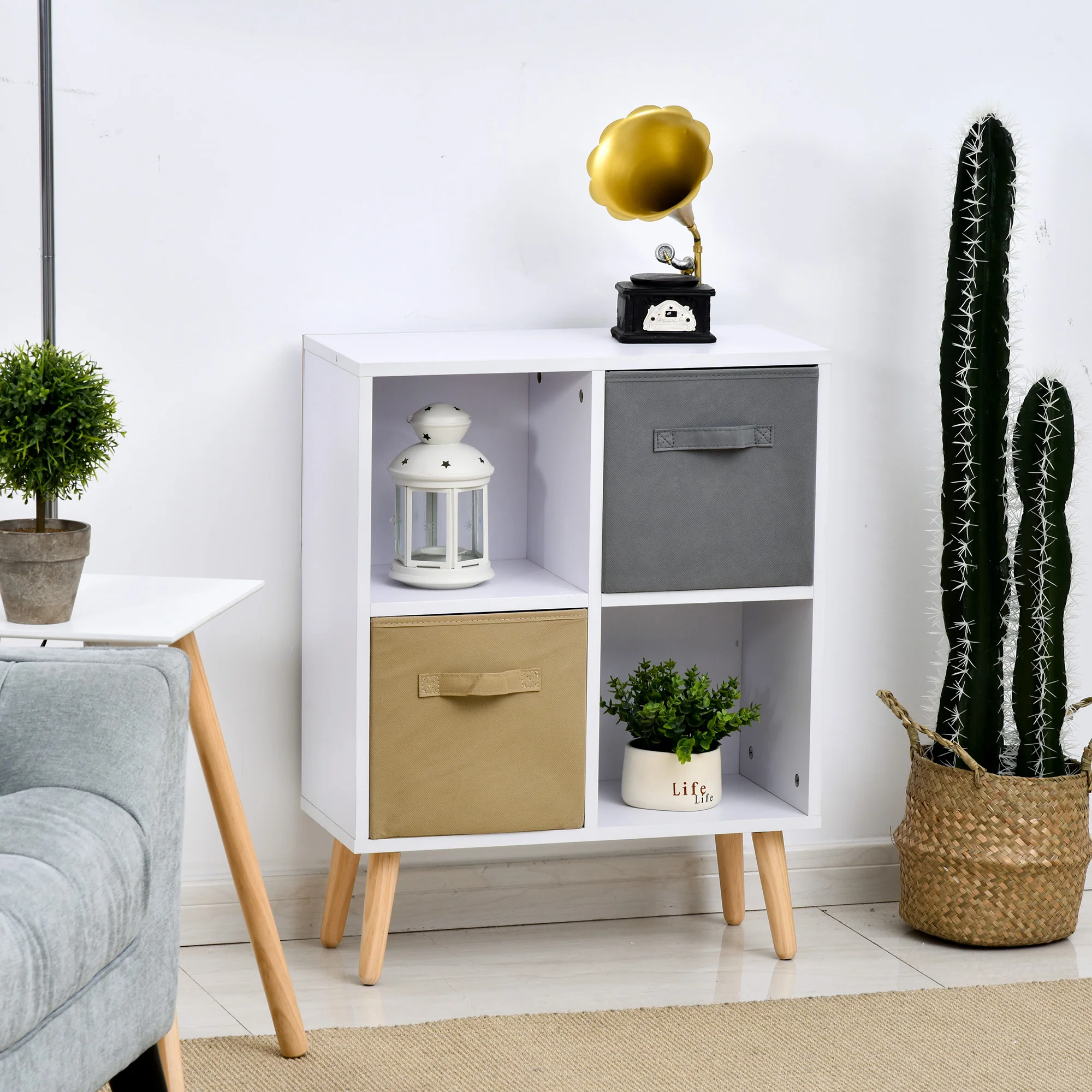 Freestanding 4 Cube Storage Cabinet Unit with 2 Cloth Drawers, Modern Organisation Shelves - Image 4