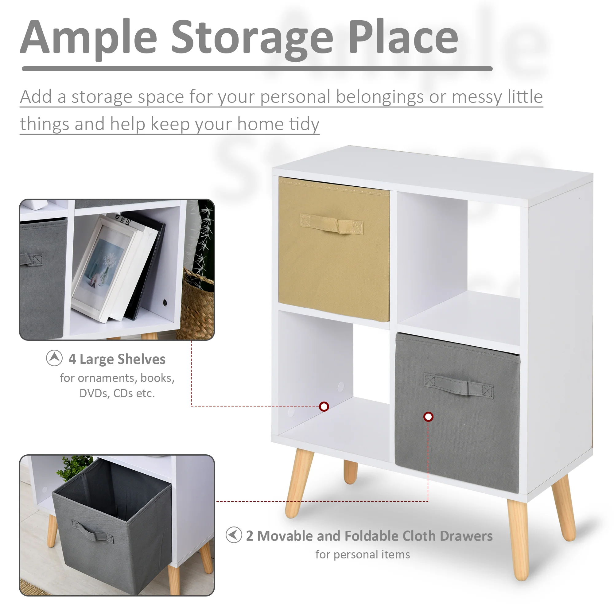 Freestanding 4 Cube Storage Cabinet Unit with 2 Cloth Drawers, Modern Organisation Shelves - Image 7