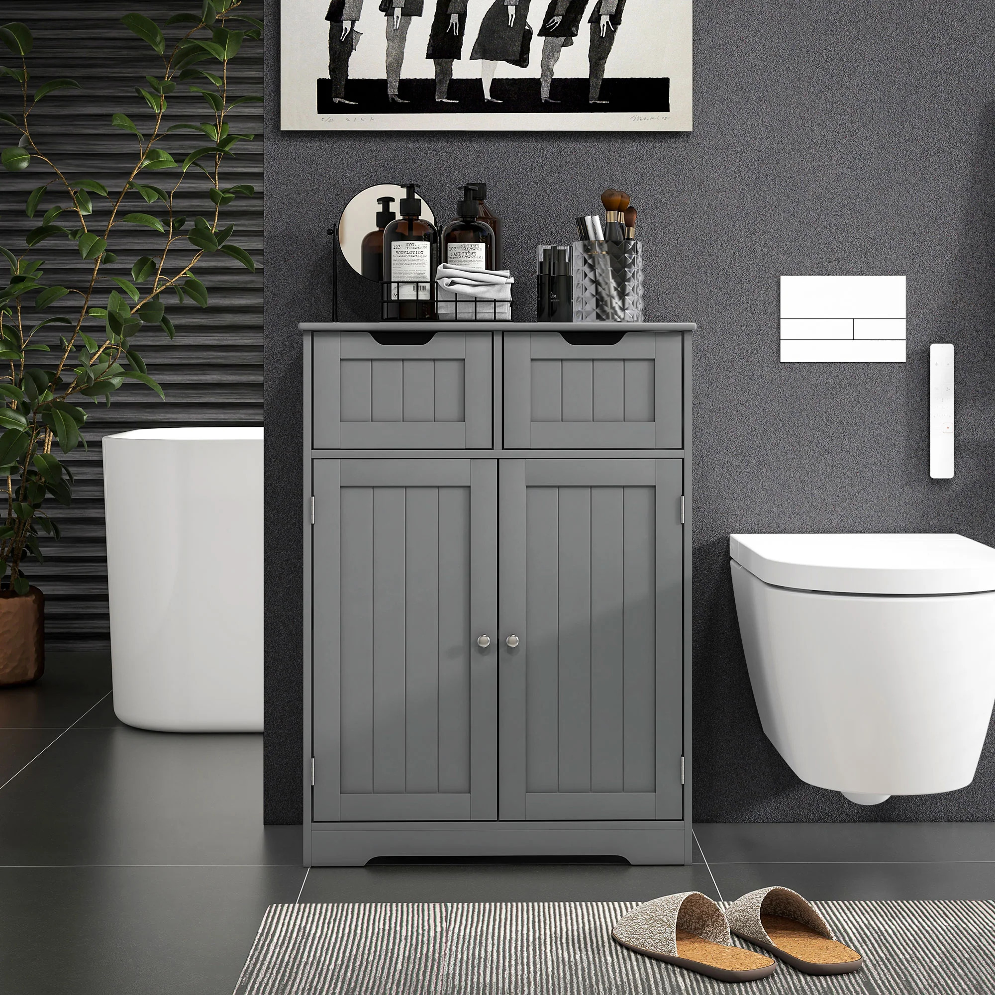 Freestanding Bathroom Storage Cabinet, Floor Cupboard with 2 Drawers & Adjustable Shelf, Grey - Image 9
