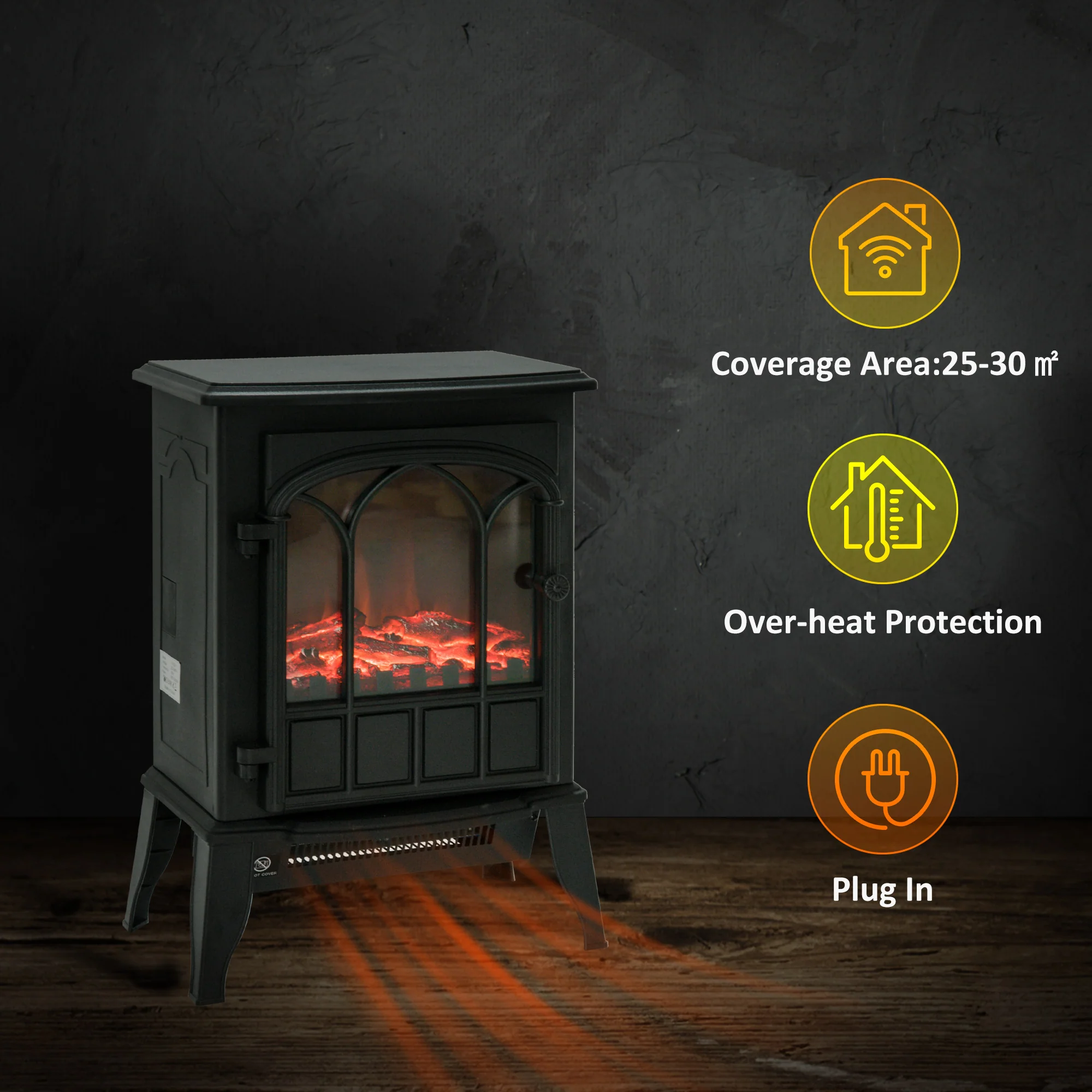 Freestanding Electric Fireplace with LED Flame, Overheating Safety System, 1000W/2000W Black - Image 8