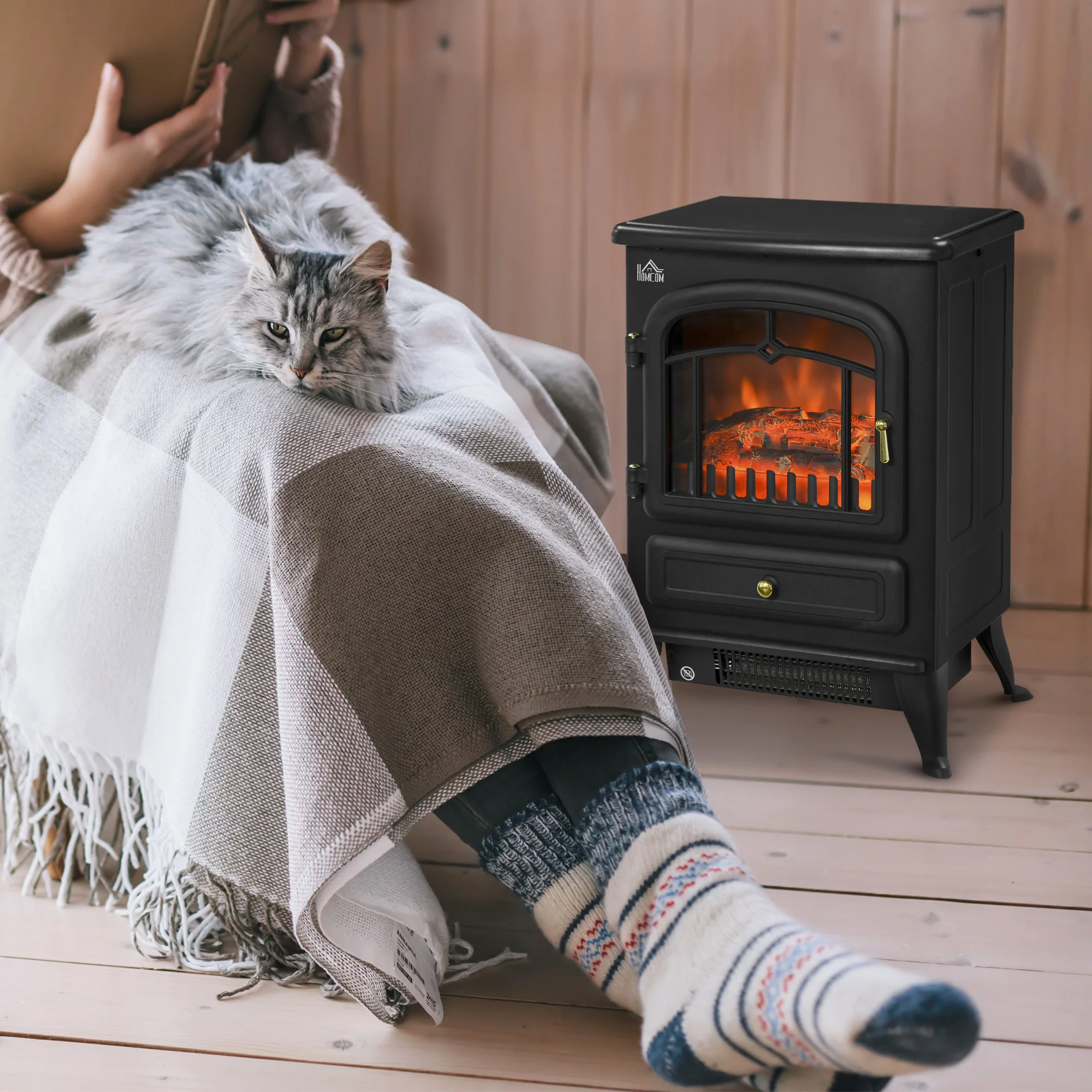Freestanding Electric Fireplace with View Log Wood Burning Effect Flame 950/1850W Black - Image 4