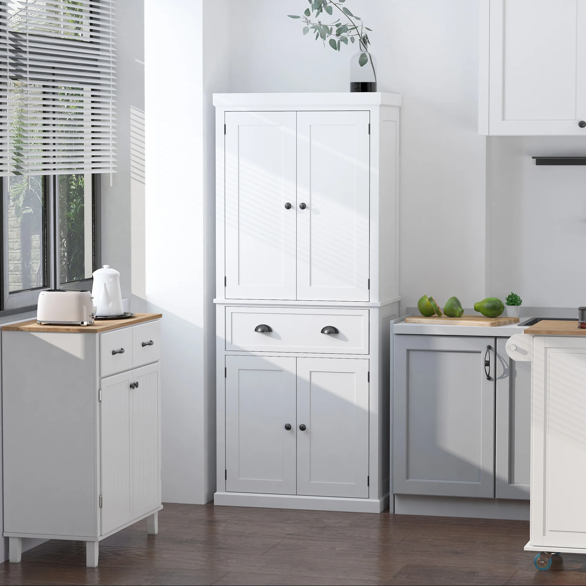 Freestanding Kitchen Cupboard, 184cm Tall Storage Cabinet with Doors, Shelves & Drawer, White - Image 3