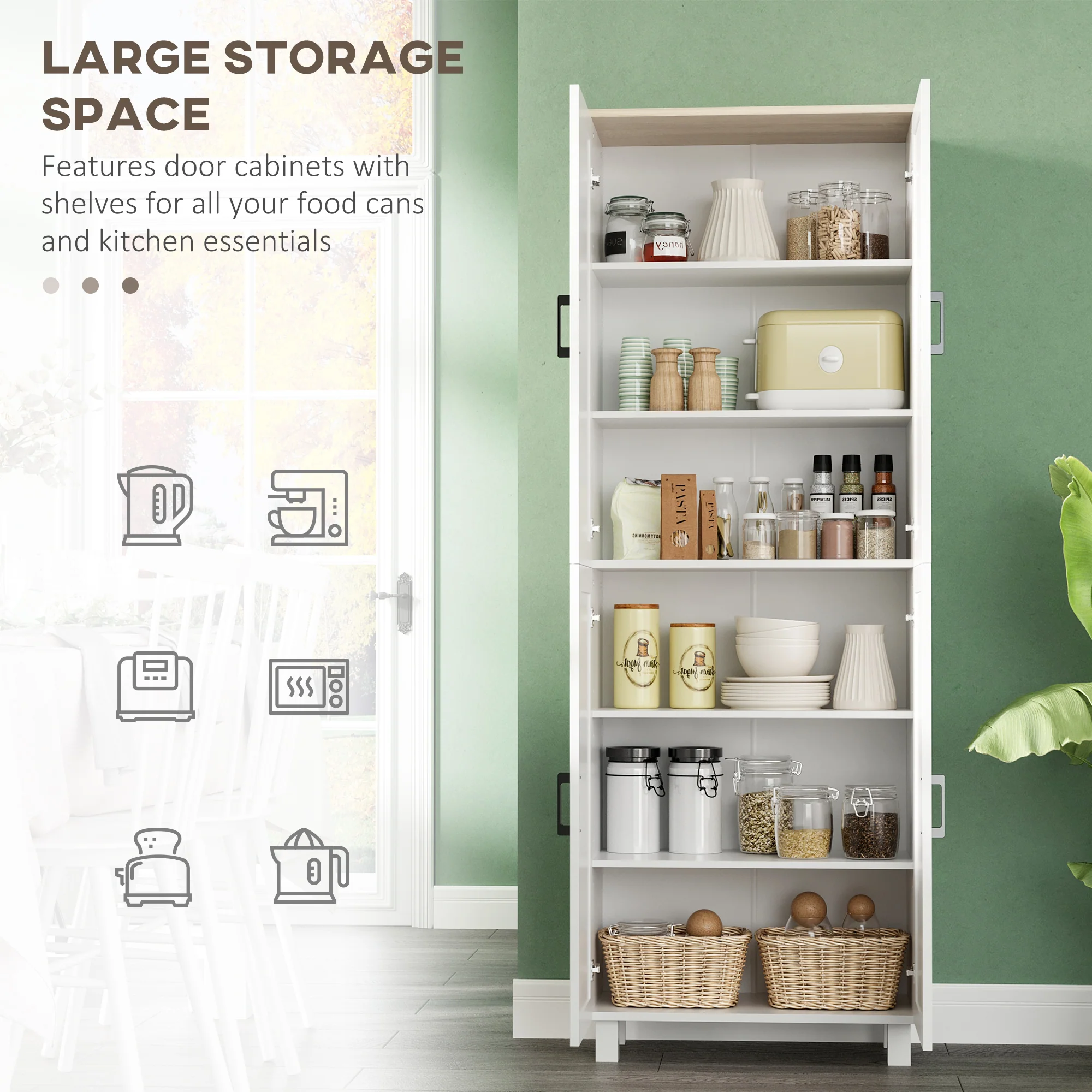 Freestanding Kitchen Cupboard, 4-Door Storage Cabinet with Adjustable Shelves, Modern Kitchen Pantry for Dining Room, 170cm, White Embossed Wood Grain - Image 6