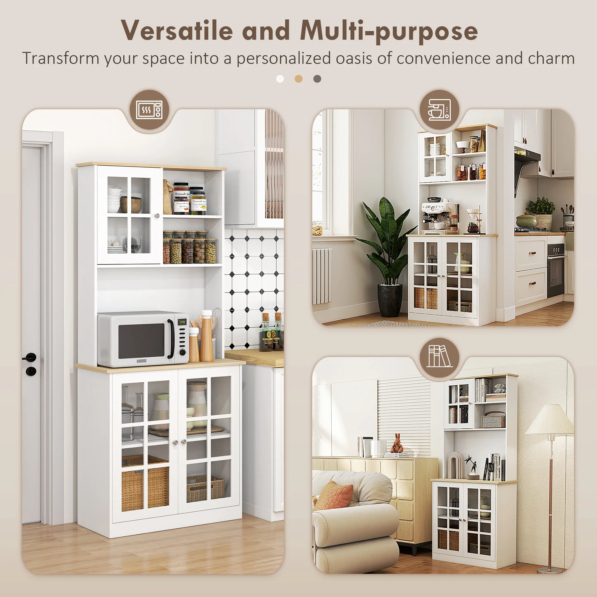 Freestanding Kitchen Cupboard, Storage Cabinet with Doors and Adjustable Shelves, Counter Top, Grid Glass Doors, 80L x 37W x 183H cm - White - Image 9