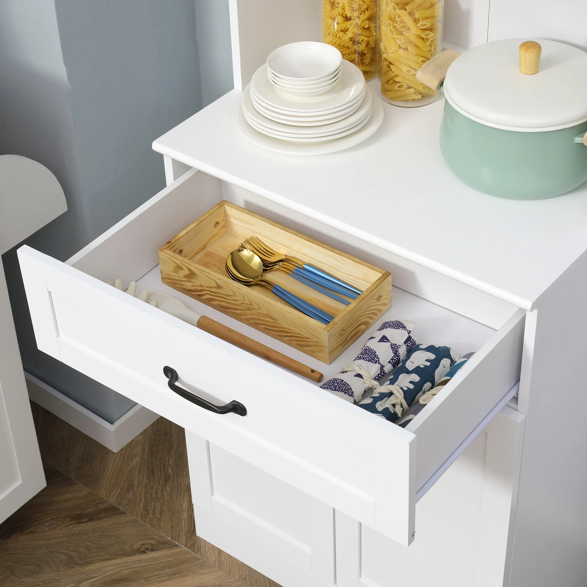 Freestanding Kitchen Pantry 4 Door Buffet Cabinet with Hutch 63.5 Inches White - Image 10