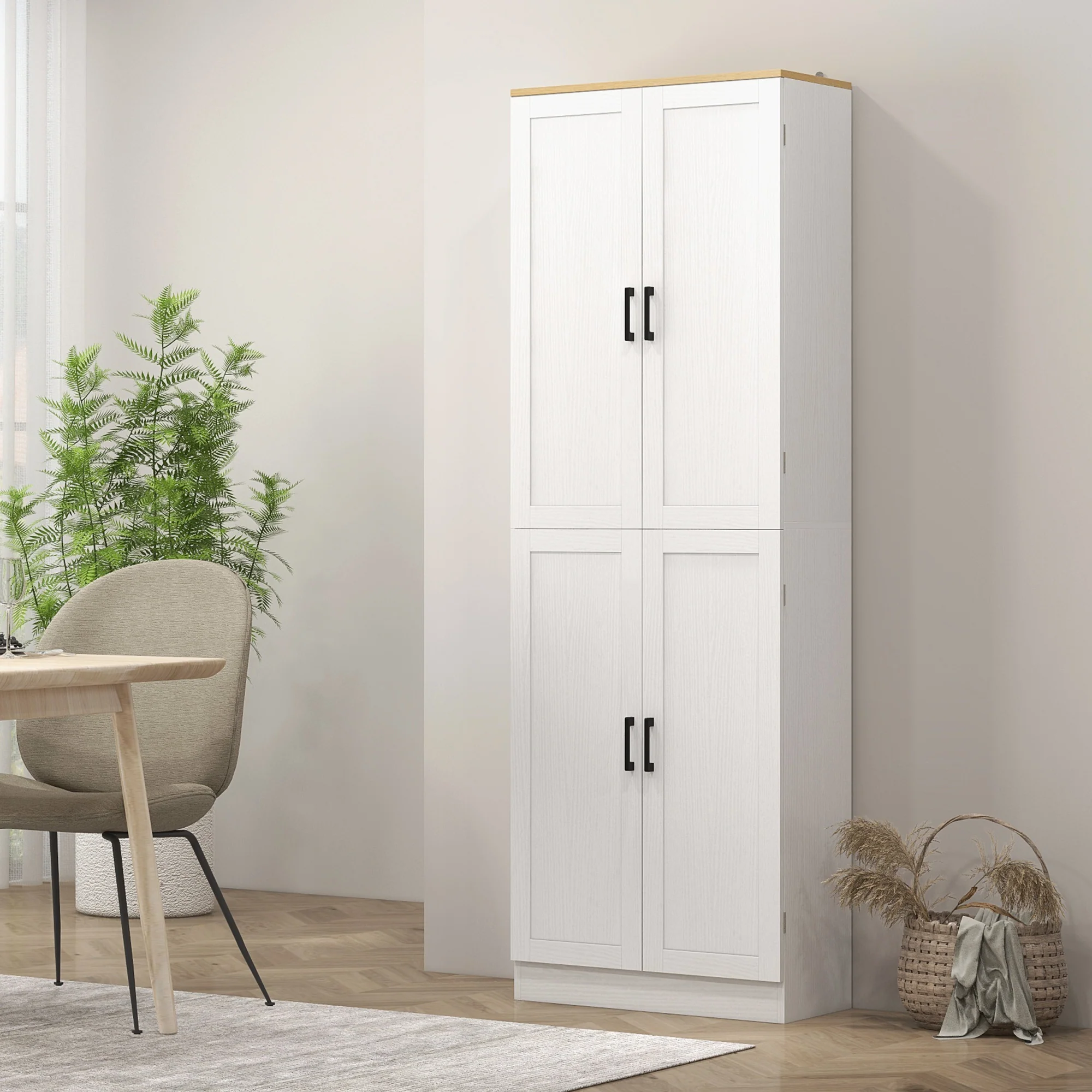 Freestanding Kitchen Pantry 4 Door Cabinet with Adjustable Shelves Distressed White - Image 10