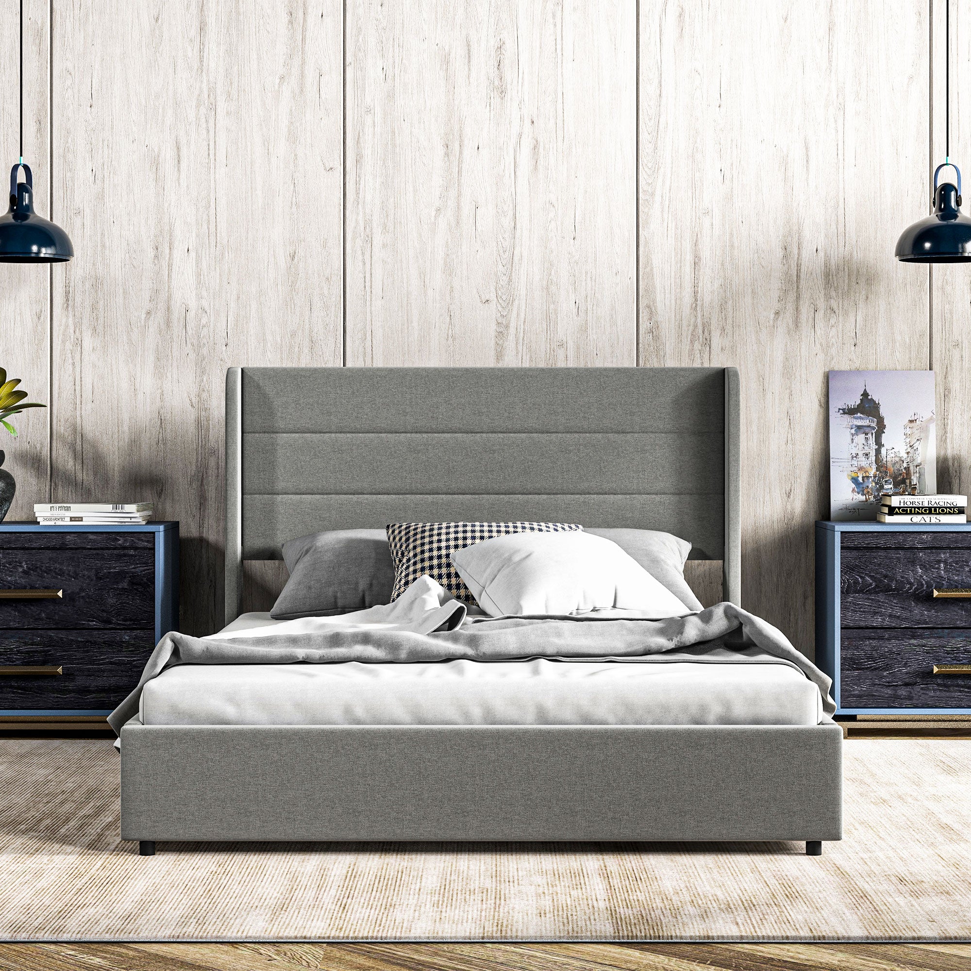 Full Bed Frame with Storage Drawers Headboard Wood Slats Noise Free Light Gray - Image 3