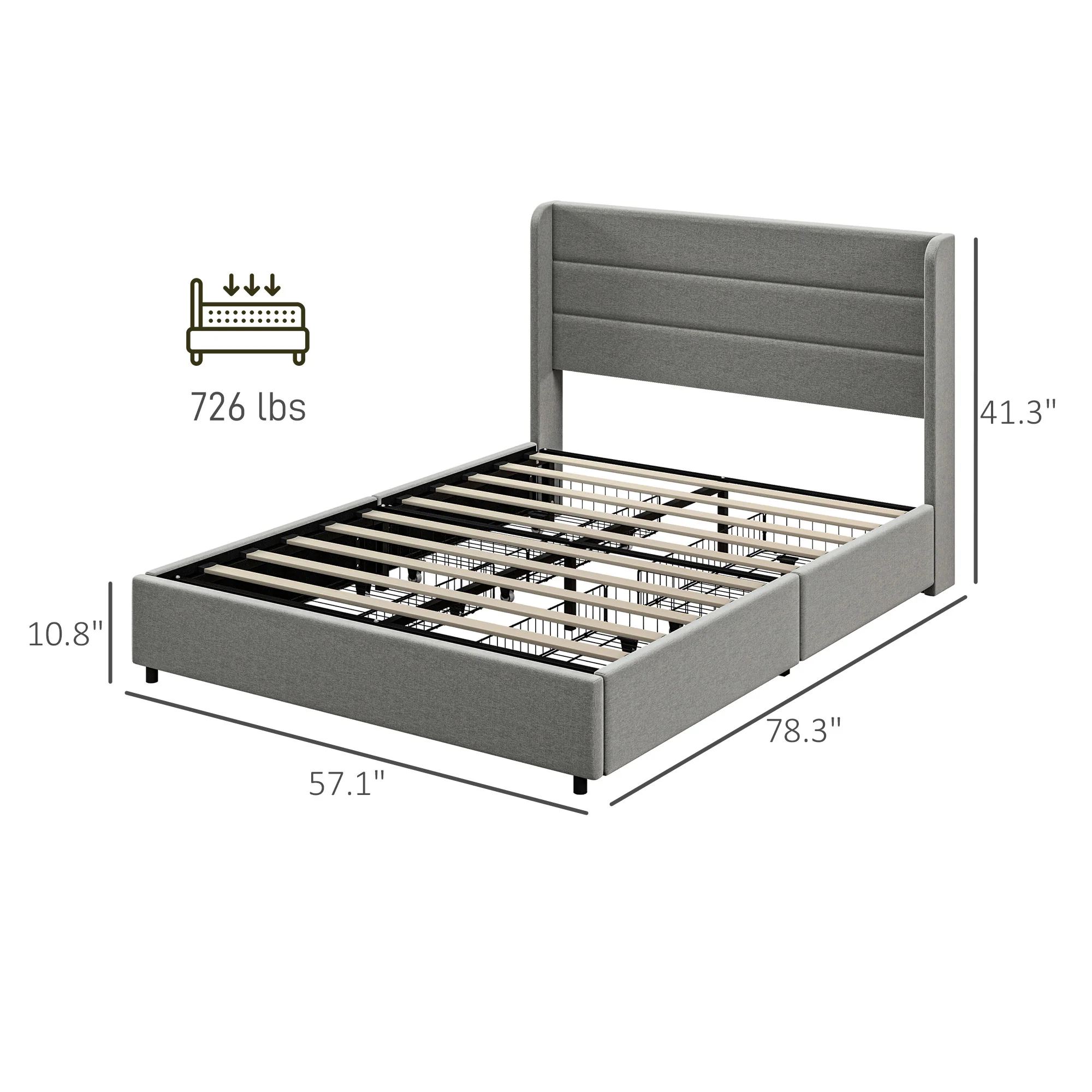 Full Bed Frame with Storage Drawers Headboard Wood Slats Noise Free Light Gray - Image 5