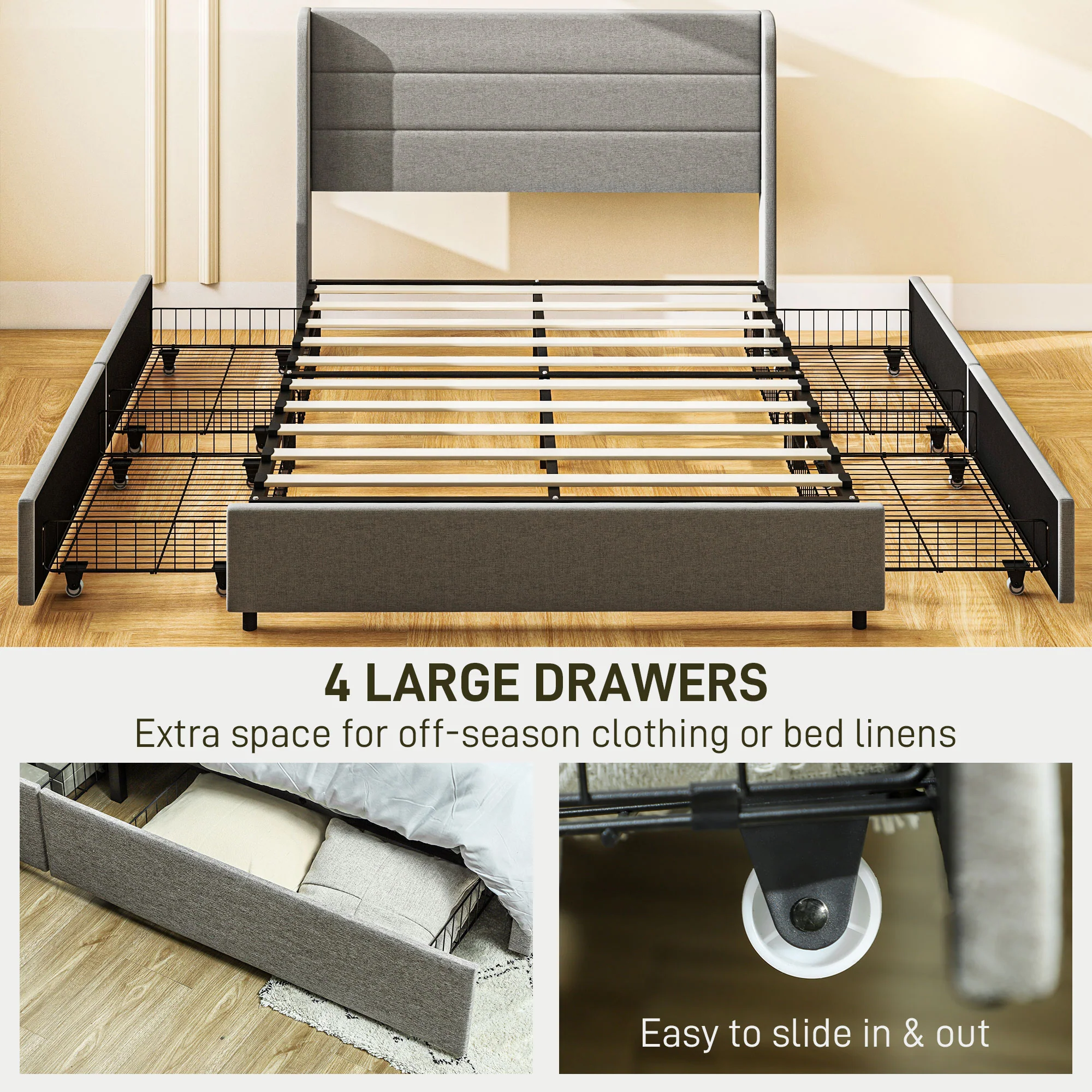 Full Bed Frame with Storage Drawers Headboard Wood Slats Noise Free Light Gray - Image 7