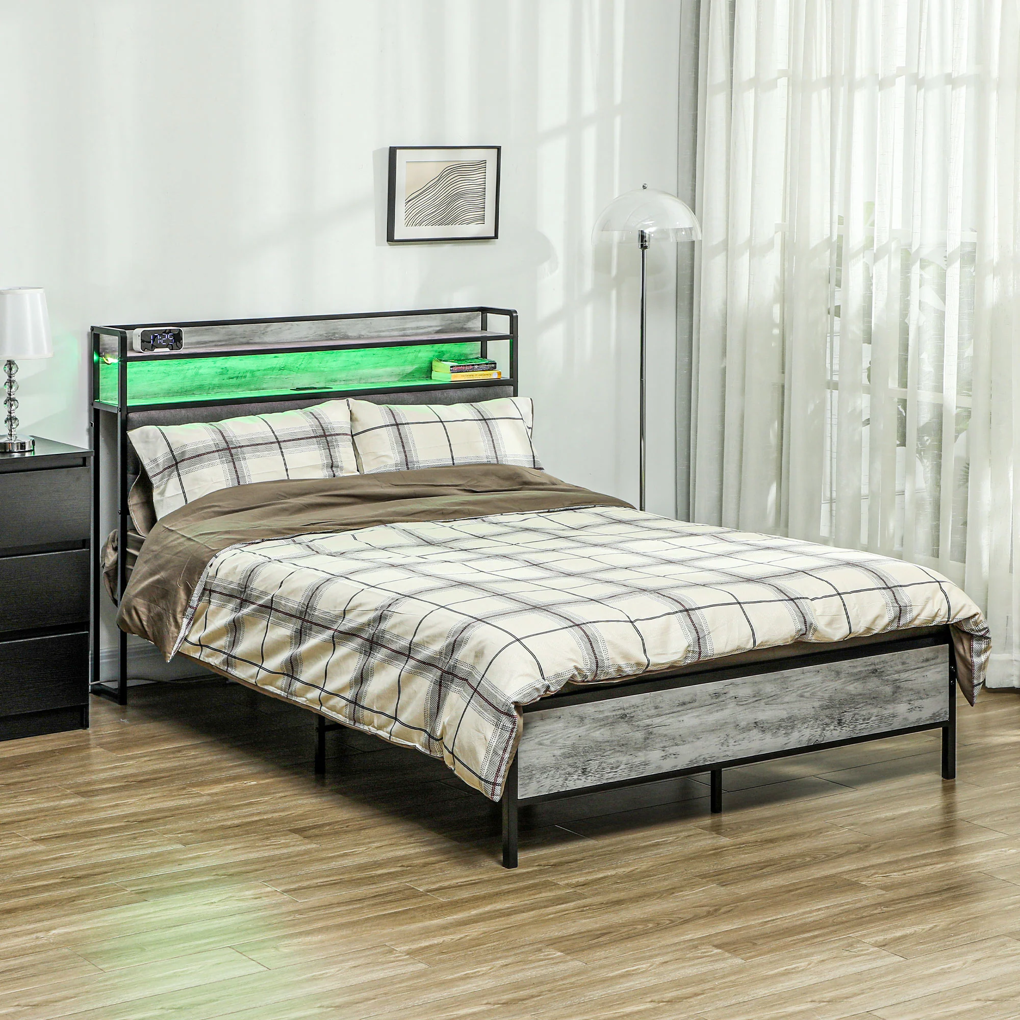 Full Bed Frame with Upholstered Headboard LED Lights Charging Station Cement Gray - Image 3
