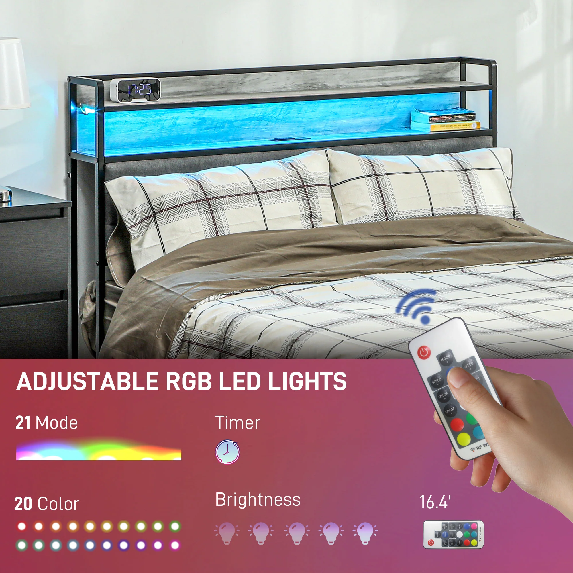 Full Bed Frame with Upholstered Headboard LED Lights Charging Station Cement Gray - Image 6