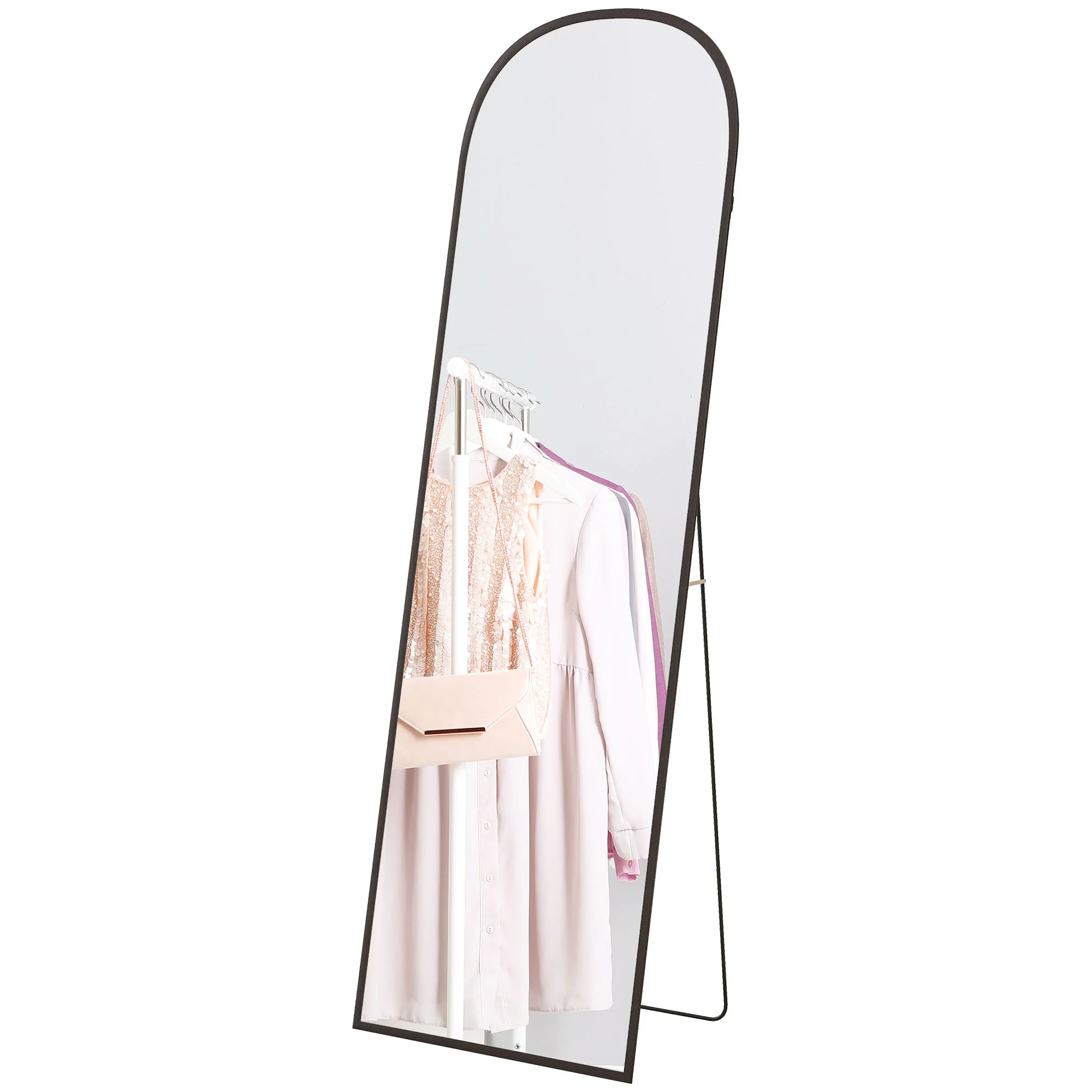 Arched Freestanding Floor Mirror with Aluminium Alloy Frame, Hanging or Leaning, Black - Image 2