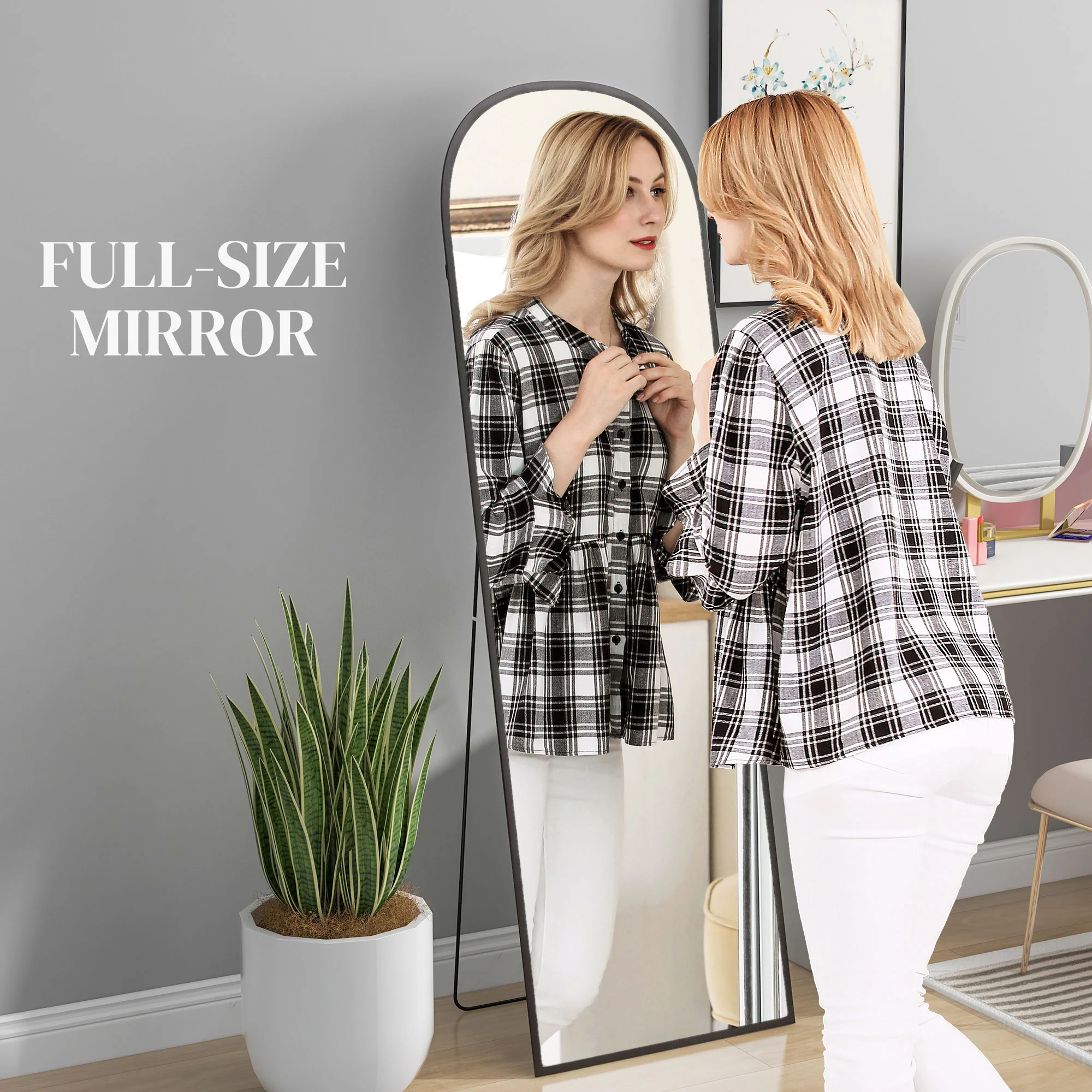 Arched Freestanding Floor Mirror with Aluminium Alloy Frame, Hanging or Leaning, Black - Image 6
