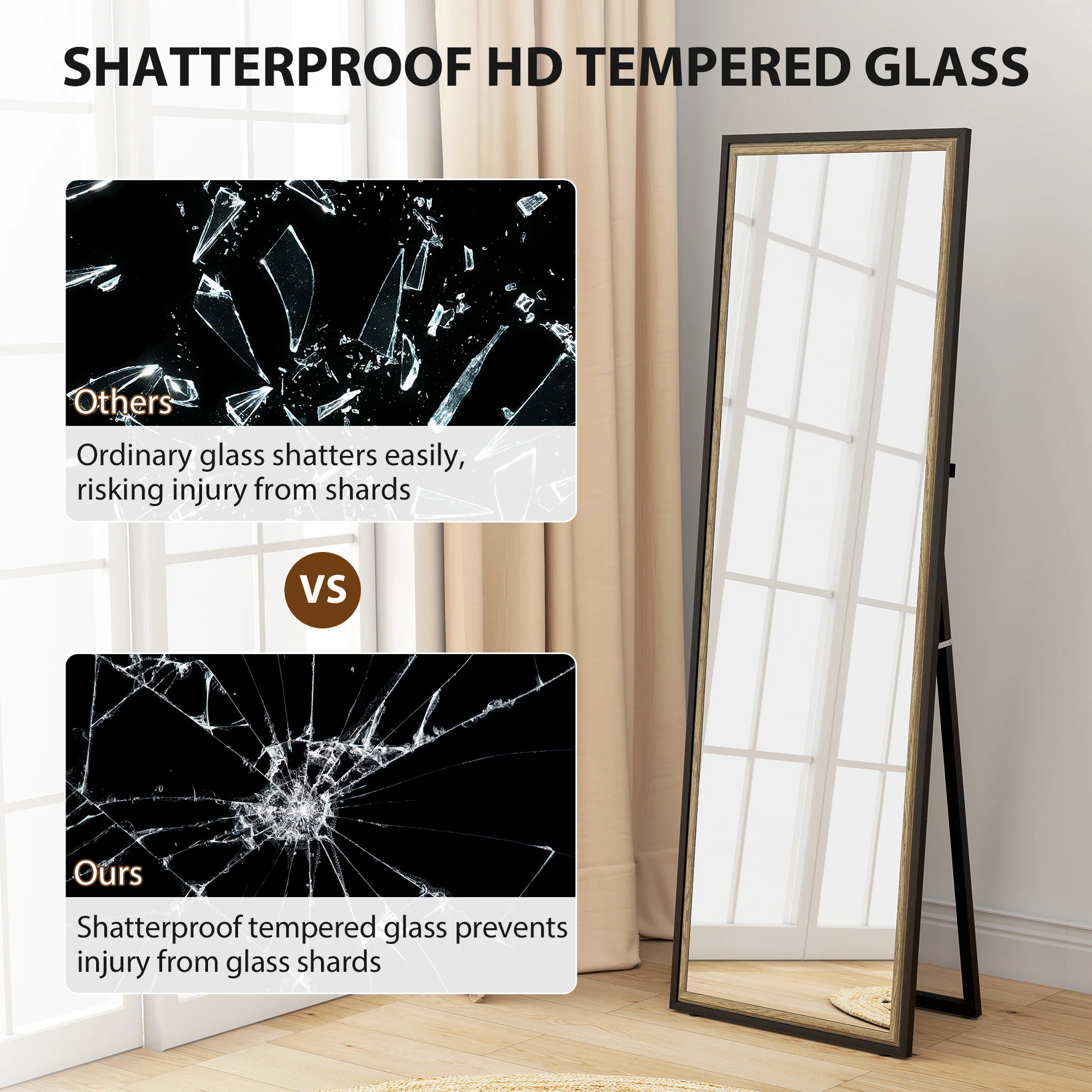 Full Length Mirror, 64" x 21" Rectangle Full Body Mirror with Dual-Tone Frame for Bedroom, Living Room, Floor Standing or Leaning Against Wall, Black - Image 9