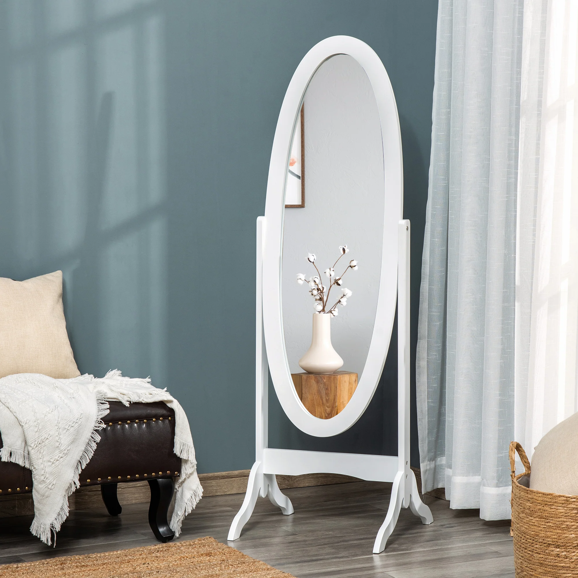 Full Length Mirror with Oval Frame & Adjustable Angle for Dressing Room, Bedroom, White - Image 4