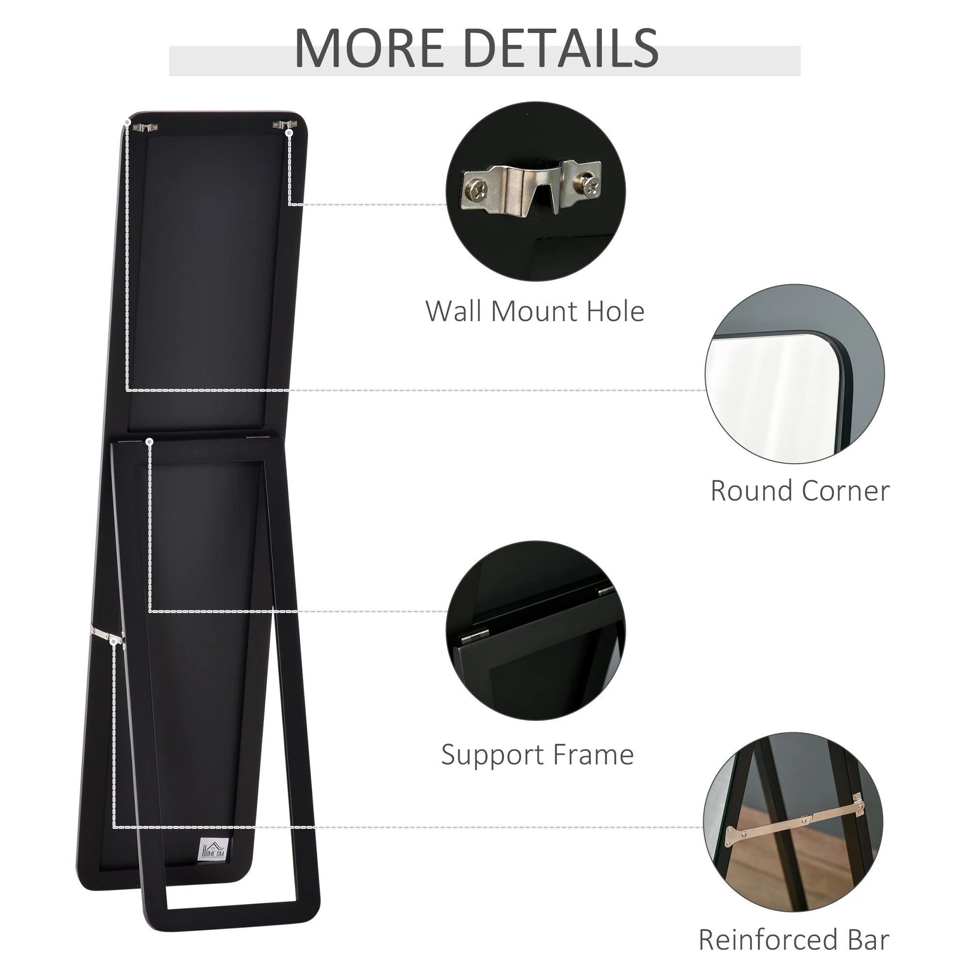 62" x 15" Full Length Mirror, Floor Standing Leaning Mirror with Support Frame, Black - Image 8