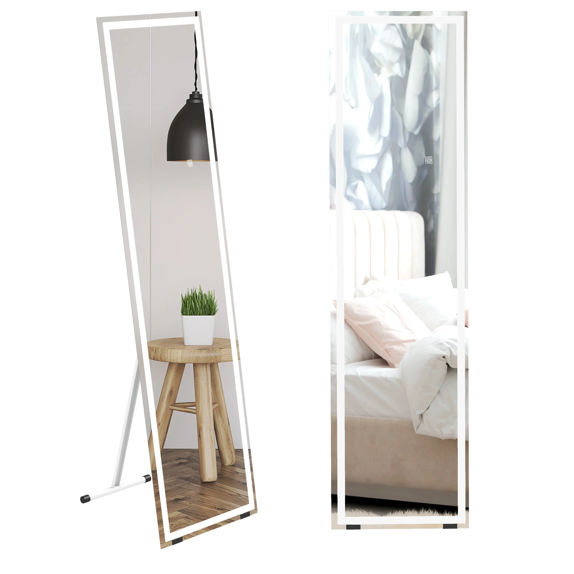 Full Length Mirror with LED Lights, Freestanding Floor Mirror, Wall Mounted or Leaning, White