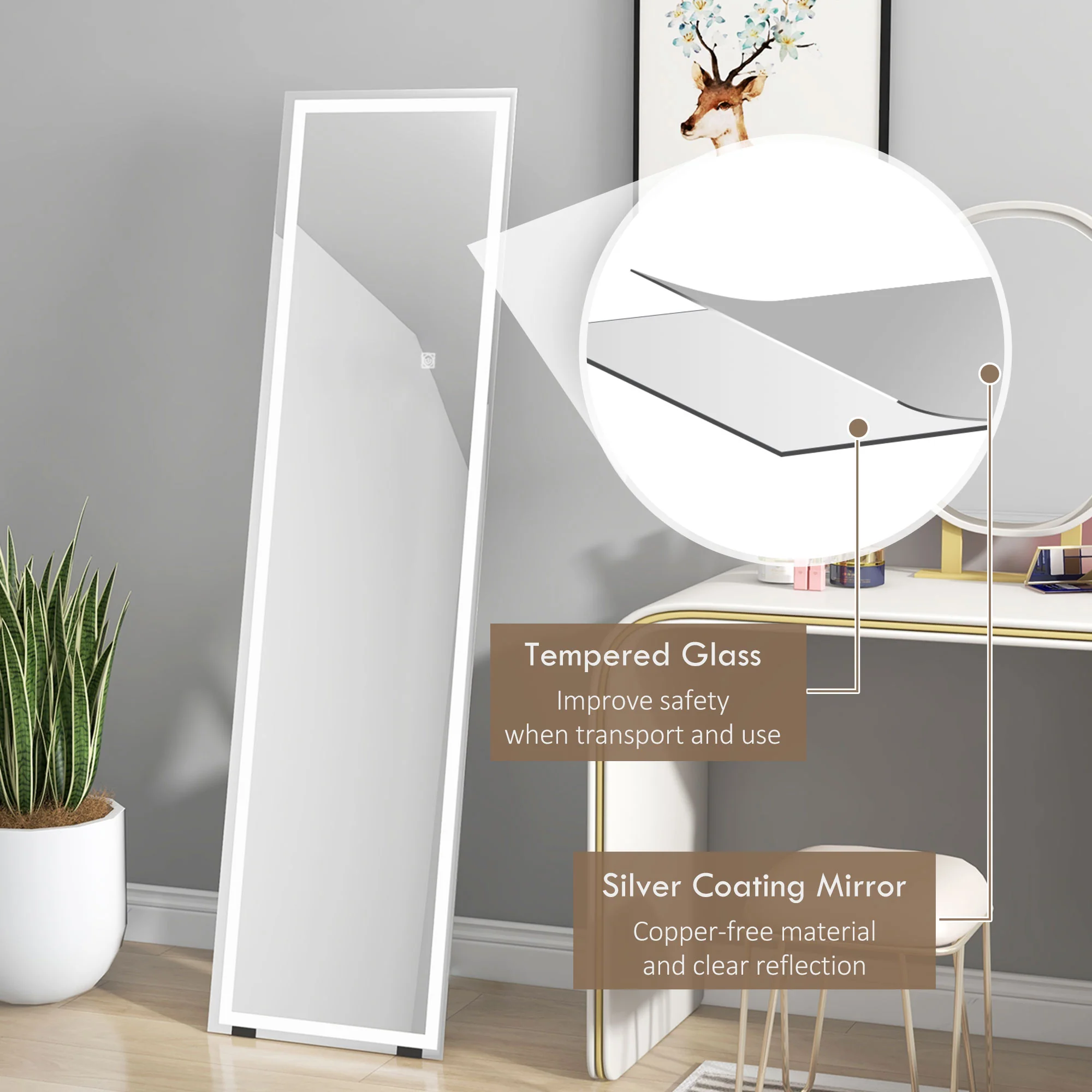Full Length Mirror with LED Lights, Freestanding Floor Mirror, Wall Mounted or Leaning, White - Image 10