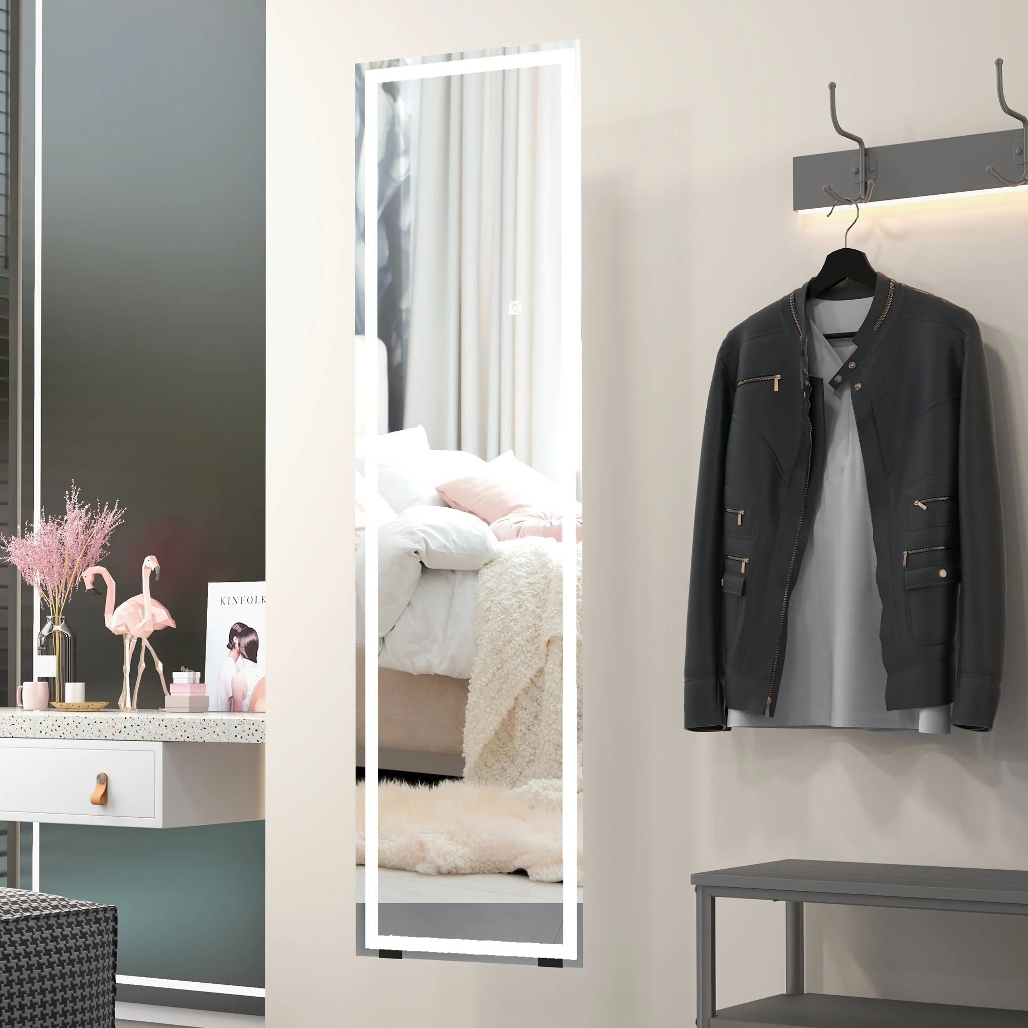 Full Length Mirror with LED Lights, Freestanding Floor Mirror, Wall Mounted or Leaning, White - Image 3