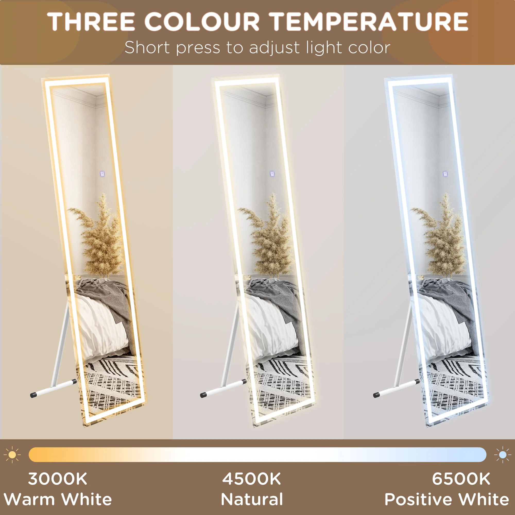 Full Length Mirror with LED Lights, Freestanding Floor Mirror, Wall Mounted or Leaning, White - Image 8
