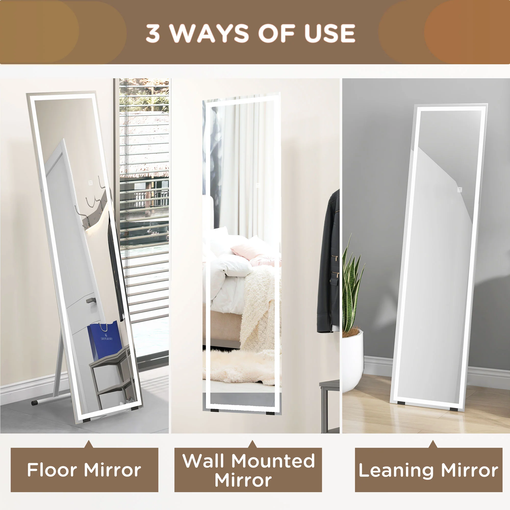 Full Length Mirror with LED Lights, Freestanding Floor Mirror, Wall Mounted or Leaning, White - Image 9