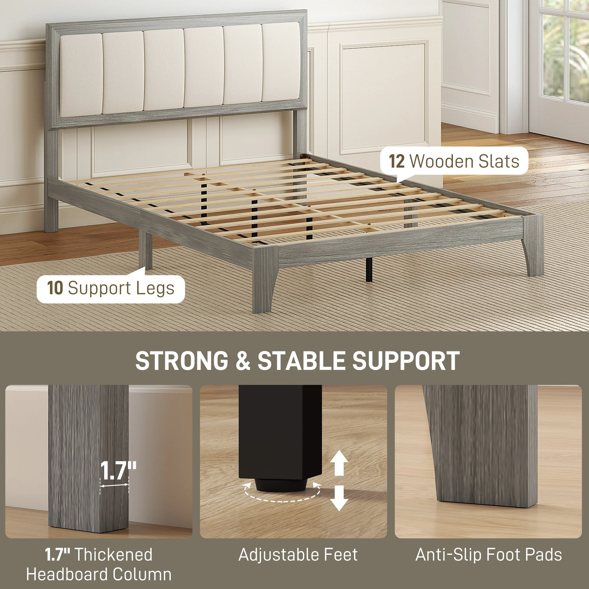Full Size Bed Frame with Upholstered Headboard, No Box Spring Needed, Easy Assembly, Gray - Image 8