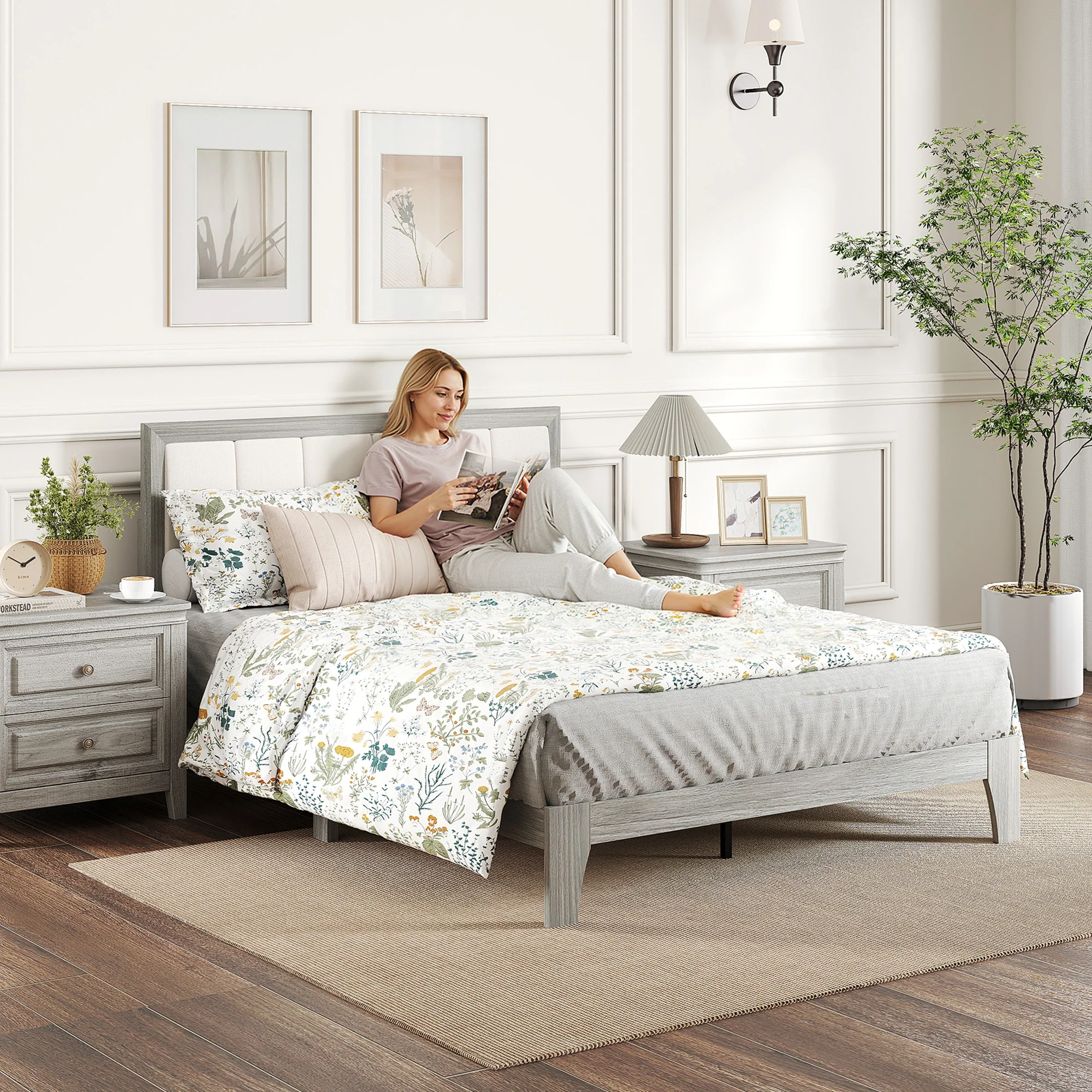 Full Size Bed Frame with Upholstered Headboard, No Box Spring Needed, Easy Assembly, Gray - Image 9