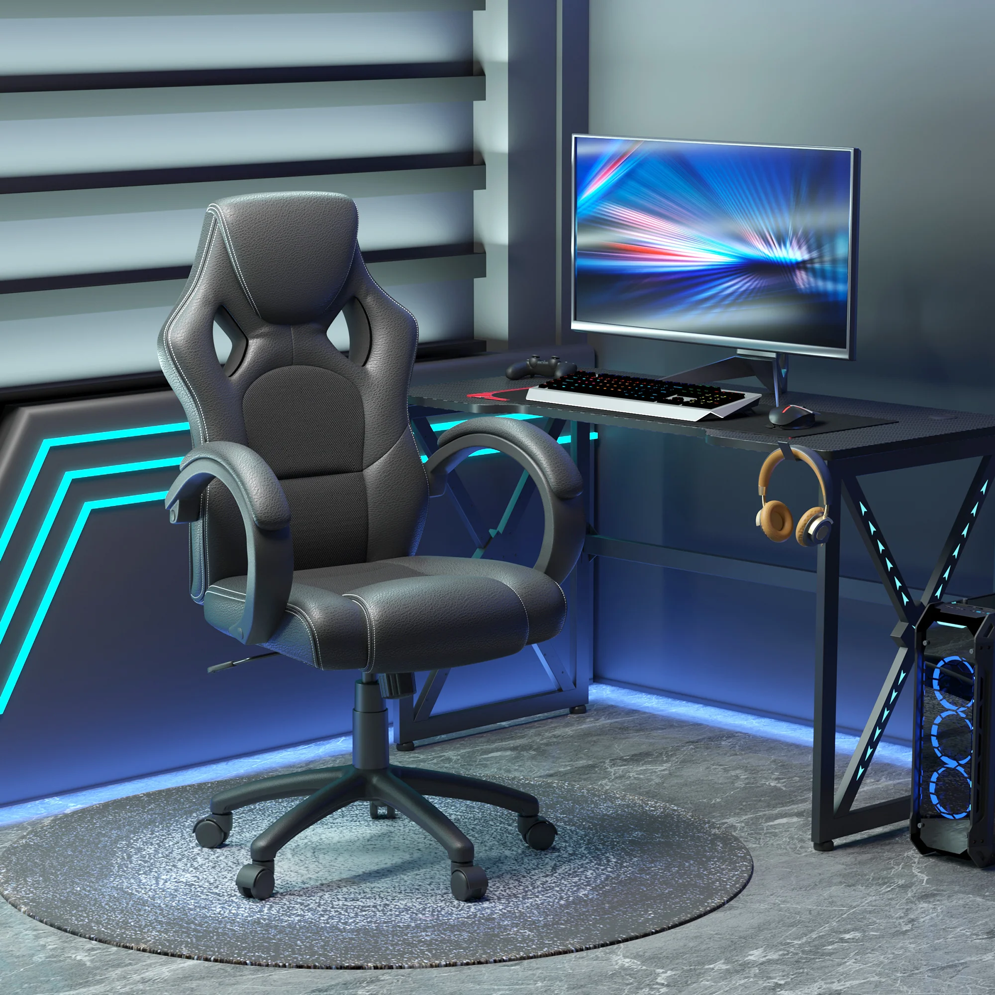Faux Leather Gaming Chair with Wheels, Swivel Computer Gamer Desk Chair for Home Office, Black - Image 4