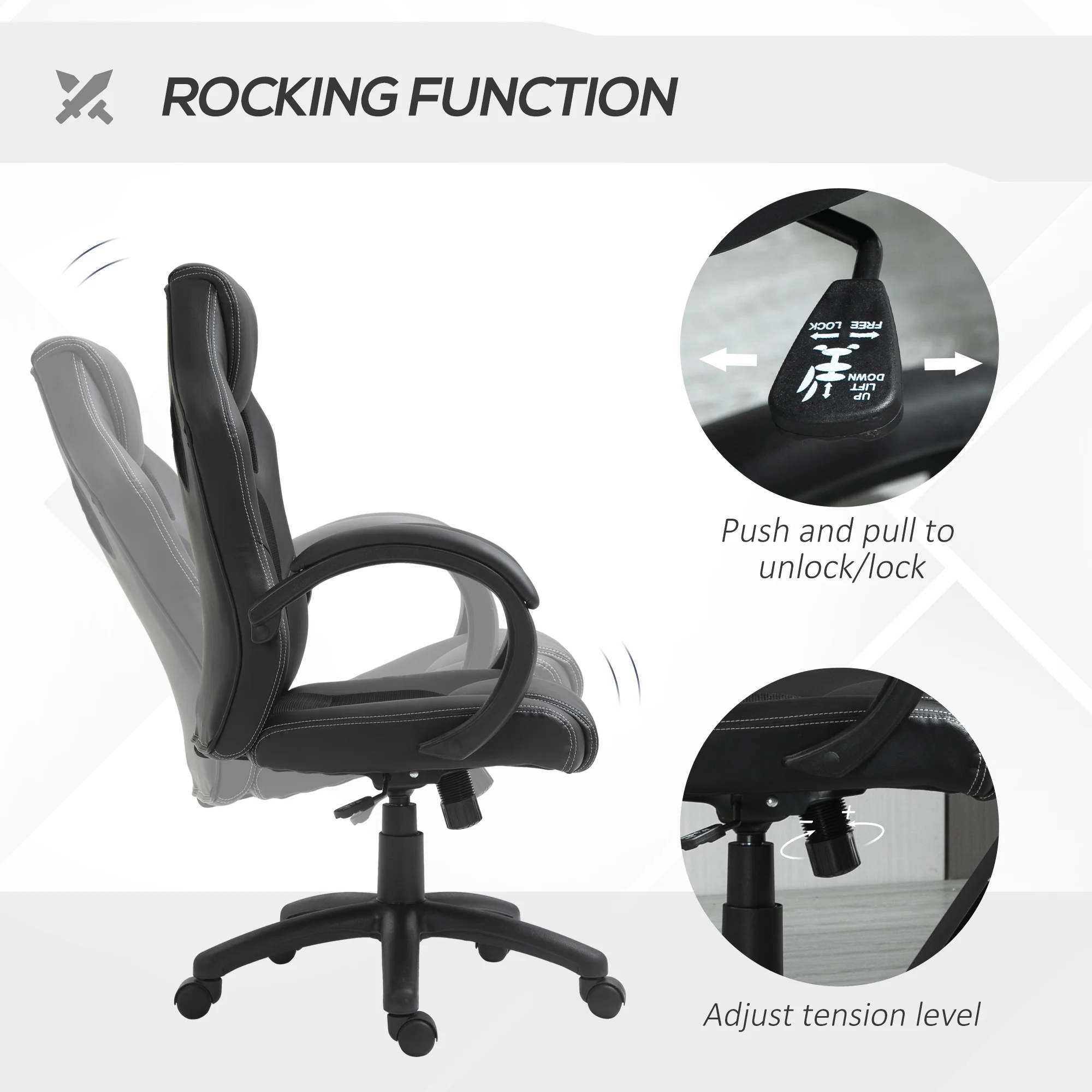 Faux Leather Gaming Chair with Wheels, Swivel Computer Gamer Desk Chair for Home Office, Black - Image 7