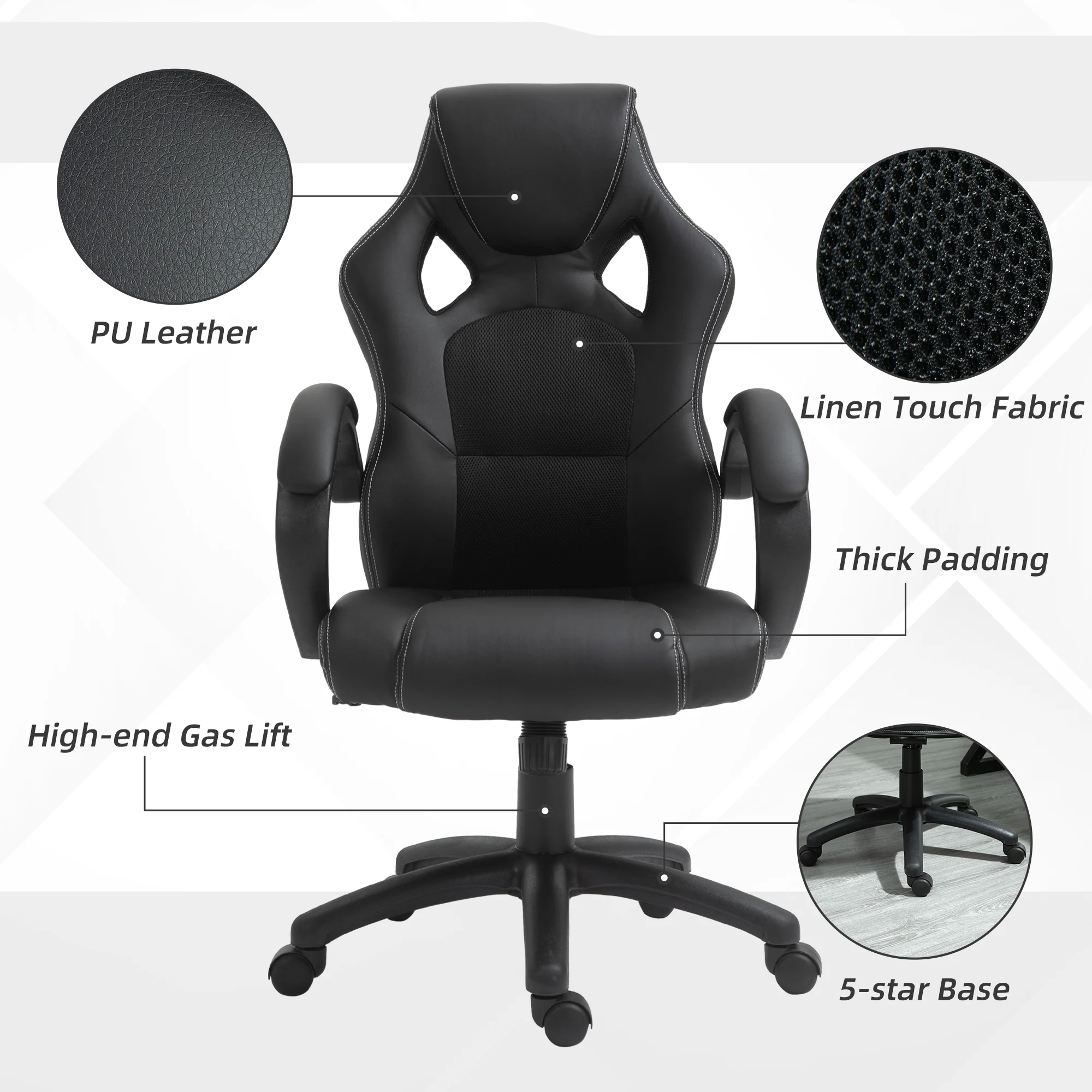 Faux Leather Gaming Chair with Wheels, Swivel Computer Gamer Desk Chair for Home Office, Black - Image 9