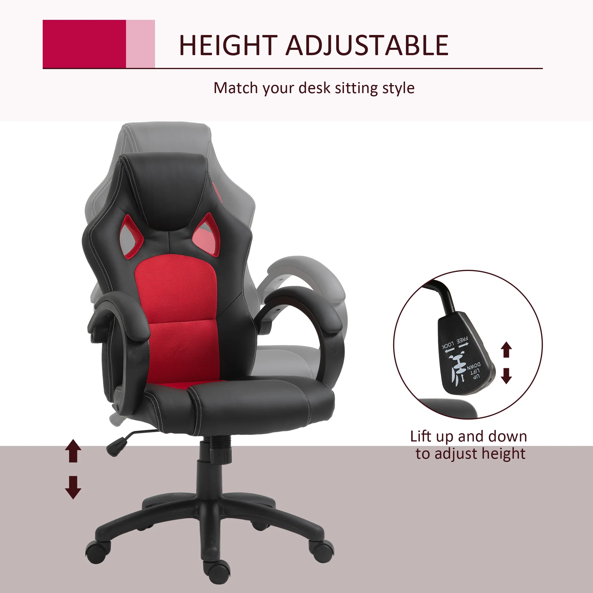 Faux Leather Gaming Chair with Wheels, Swivel Computer Gamer Desk Chair for Home Office, Red - Image 6