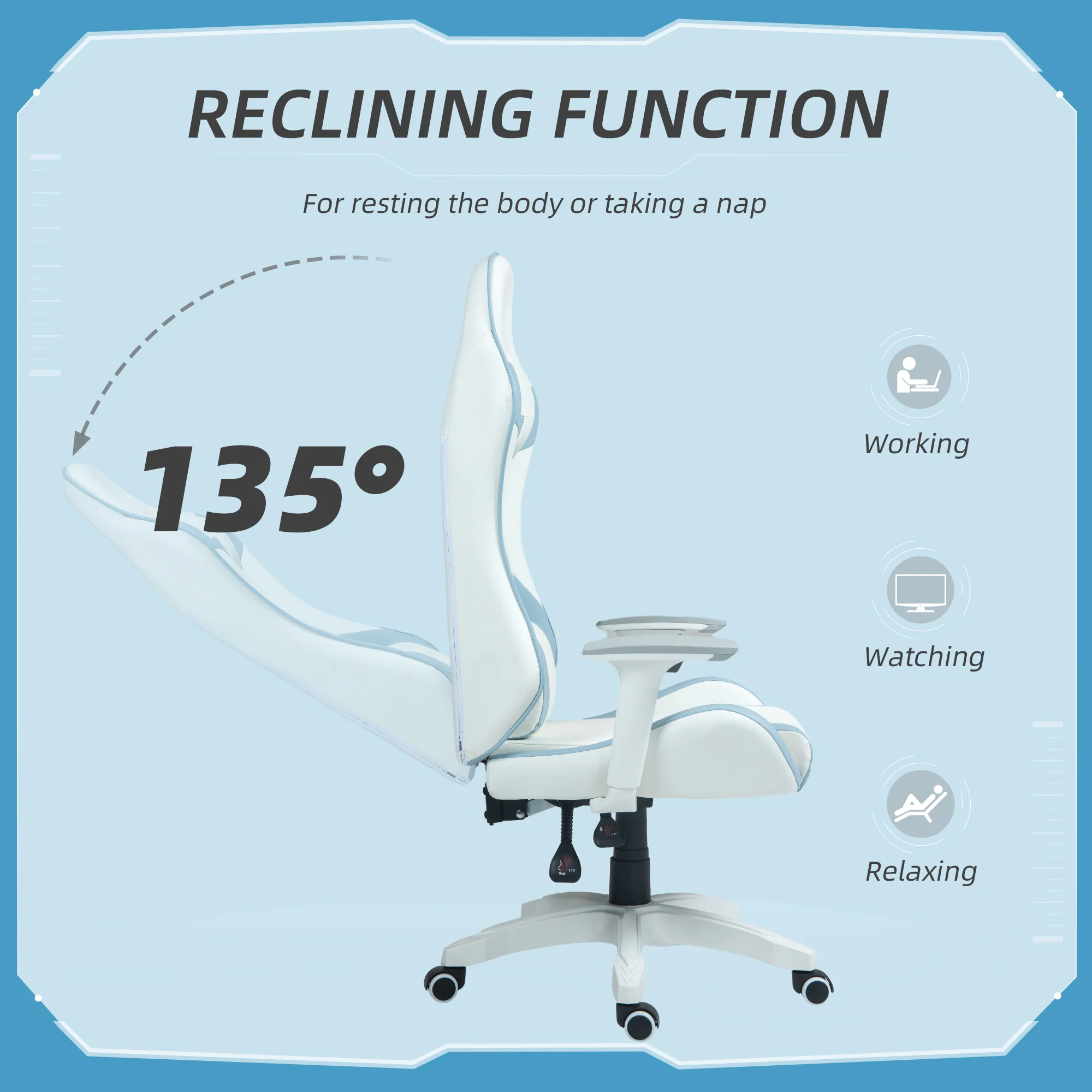 Faux Leather Gaming Chair, Reclining Computer Chair with Headrest & Lumbar Support, Light Blue - Image 7
