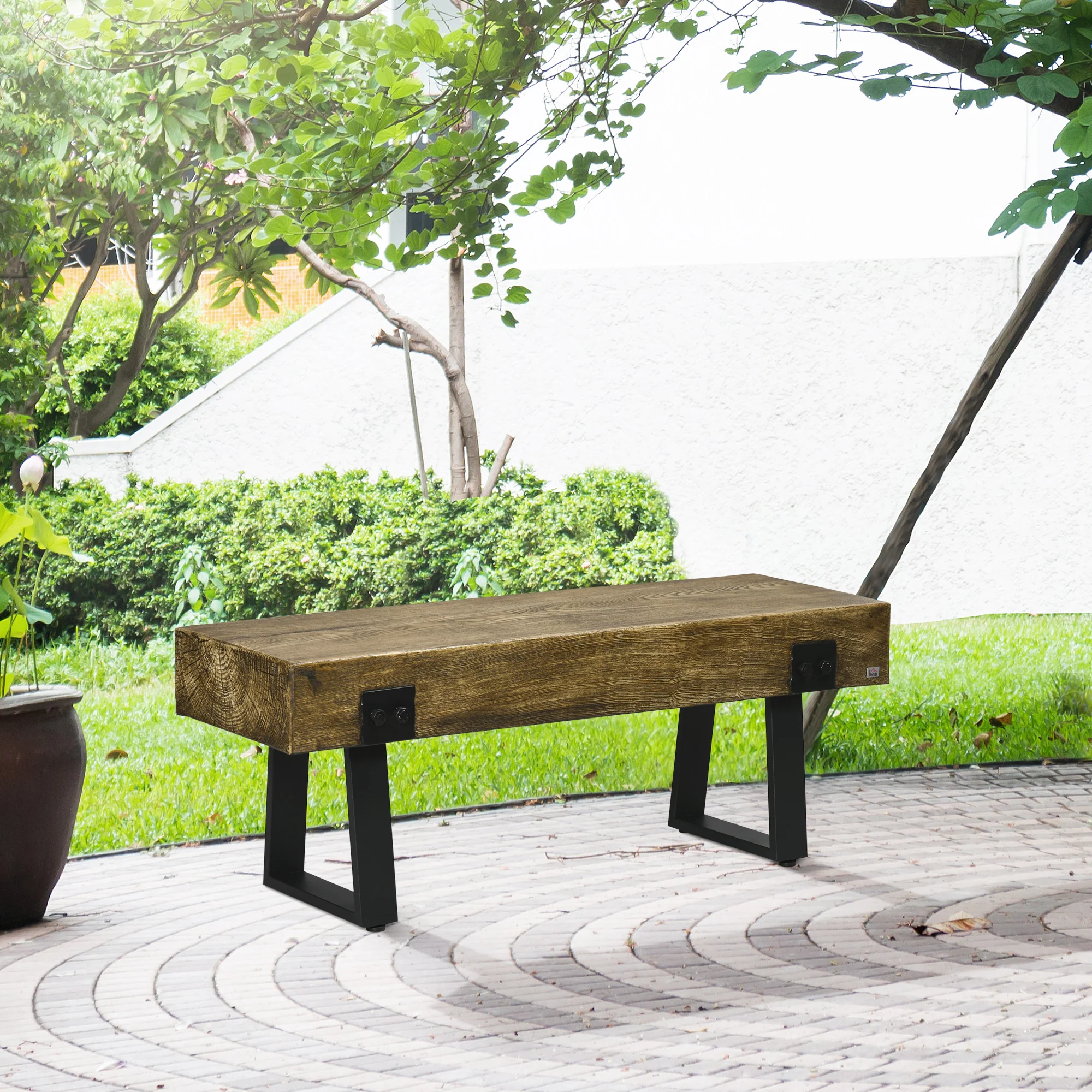 Garden Bench with Metal Legs, Wooden Concrete Entryway Bench for Indoor Outdoor Use - Image 4