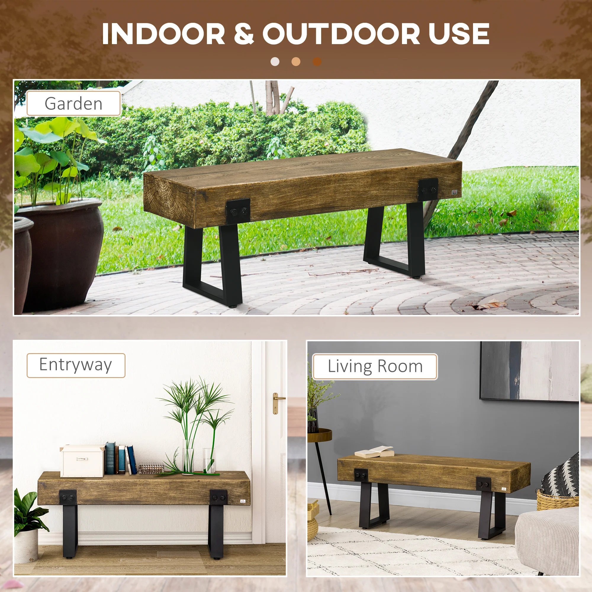 Garden Bench with Metal Legs, Wooden Concrete Entryway Bench for Indoor Outdoor Use - Image 8
