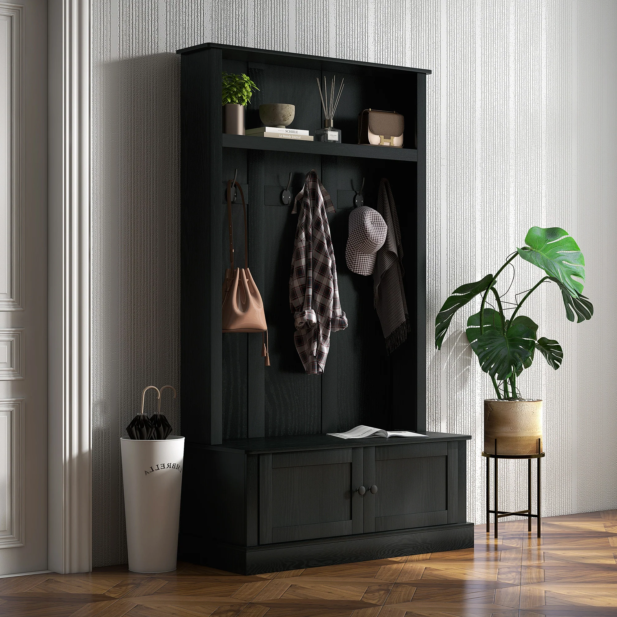 Hall Tree Entryway Bench with Coat Rack Black - Image 3
