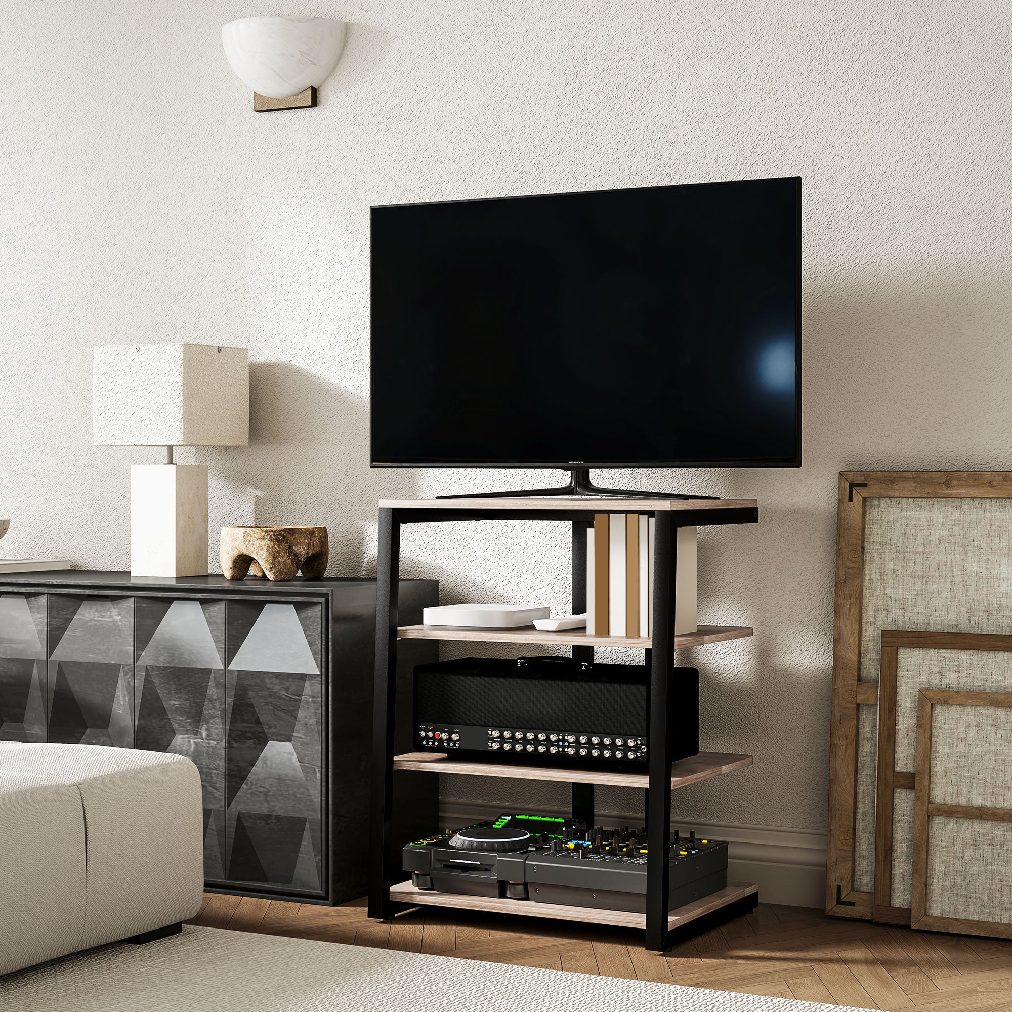 4-Tier Media Storage Shelf with Adjustable Shelves for Router, Record Player, Printer, Grey - Image 4