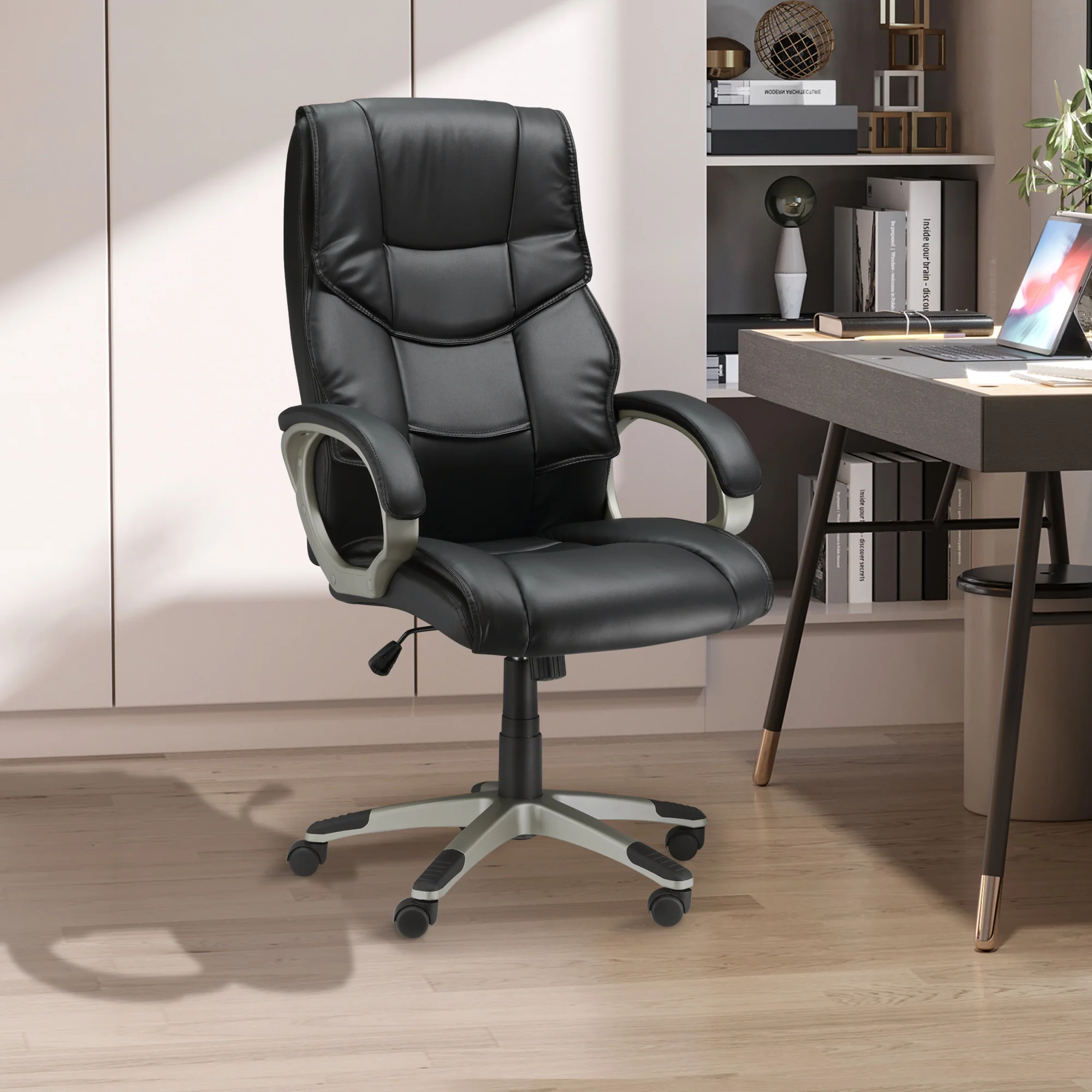 High Back Computer Office Chair, Faux Leather Swivel Desk Chair with Adjustable Height, Black - Image 3