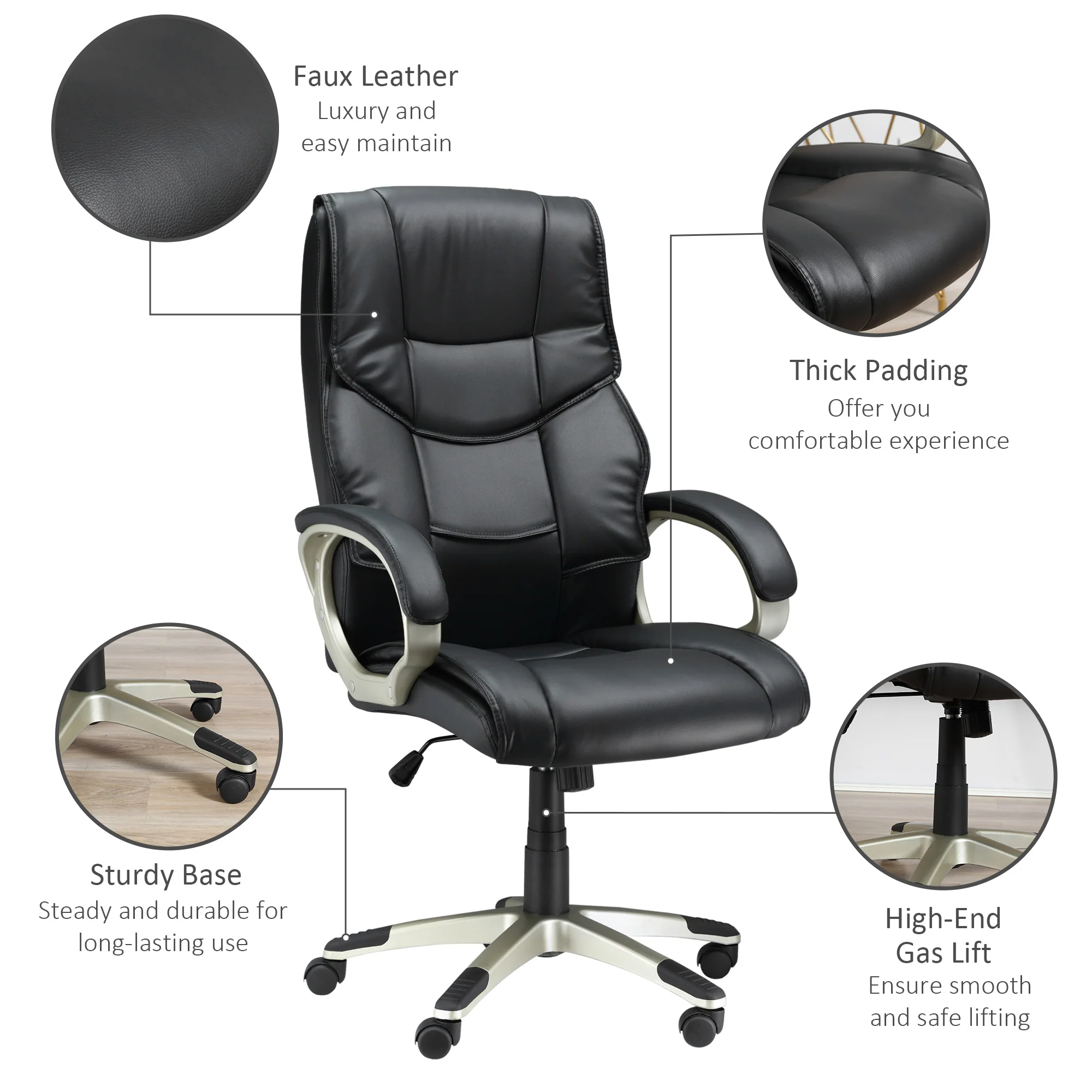 High Back Computer Office Chair, Faux Leather Swivel Desk Chair with Adjustable Height, Black - Image 9
