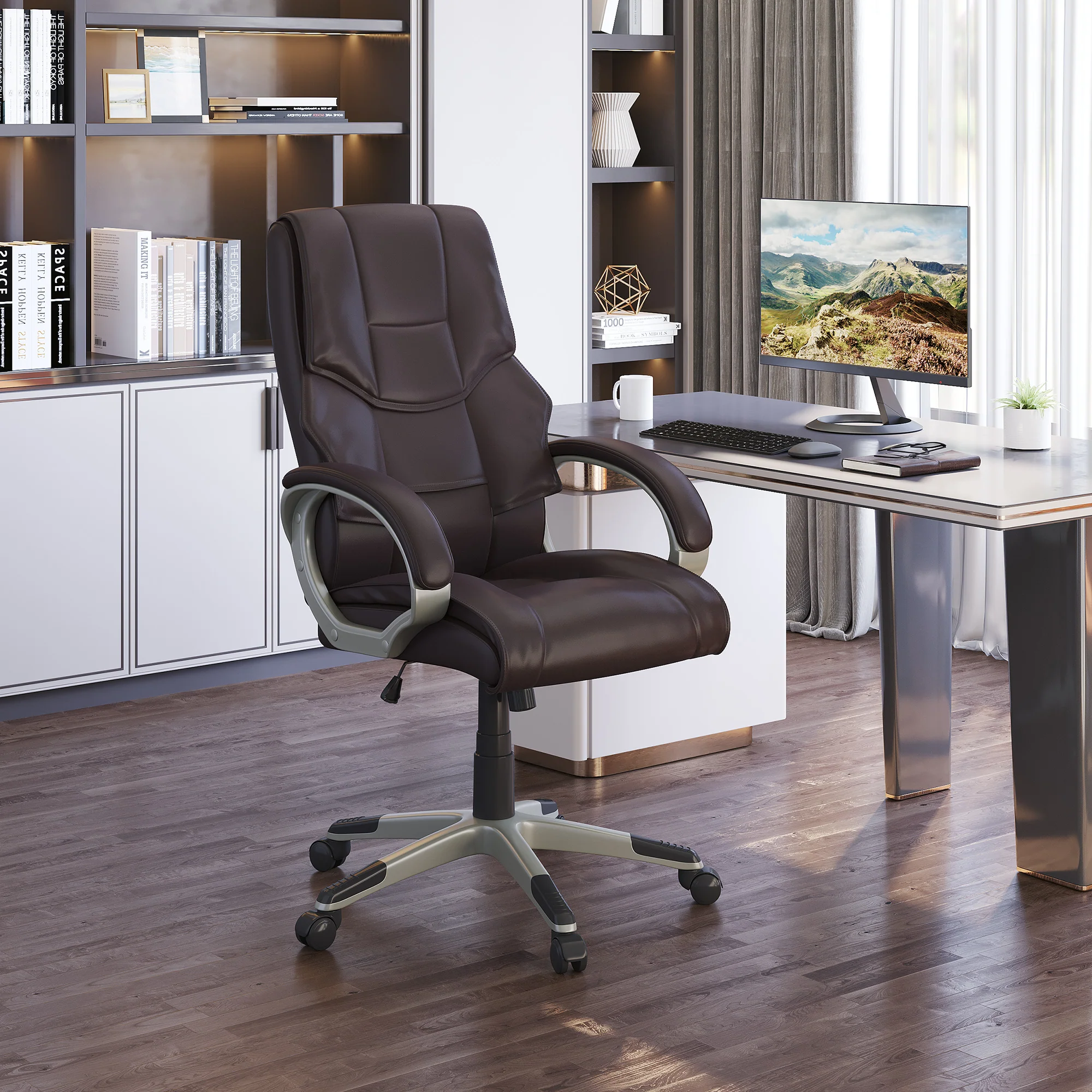 High Back Computer Office Chair, Faux Leather Swivel Chair with Adjustable Height, Brown - Image 3