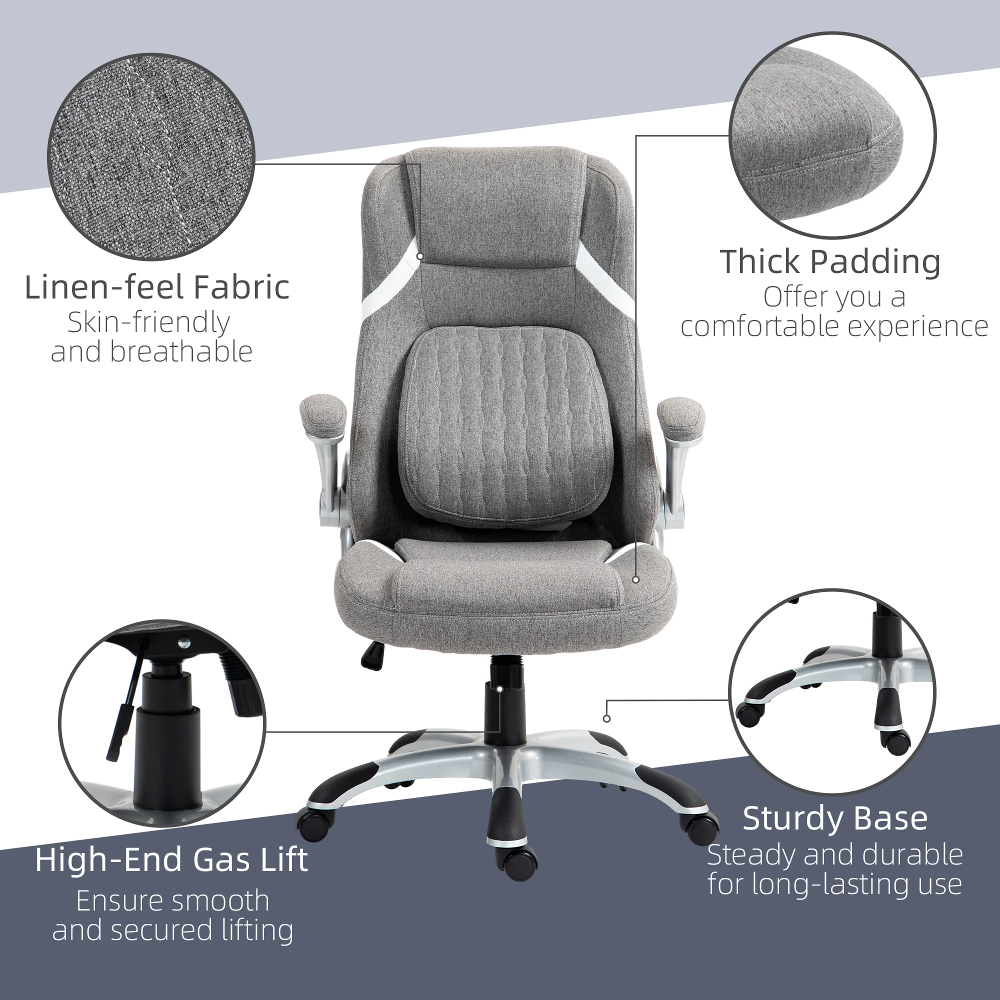 Fabric Office Chair with Flip-up Armrests, Adjustable Lumbar Support & Tilt Function, Grey - Image 11