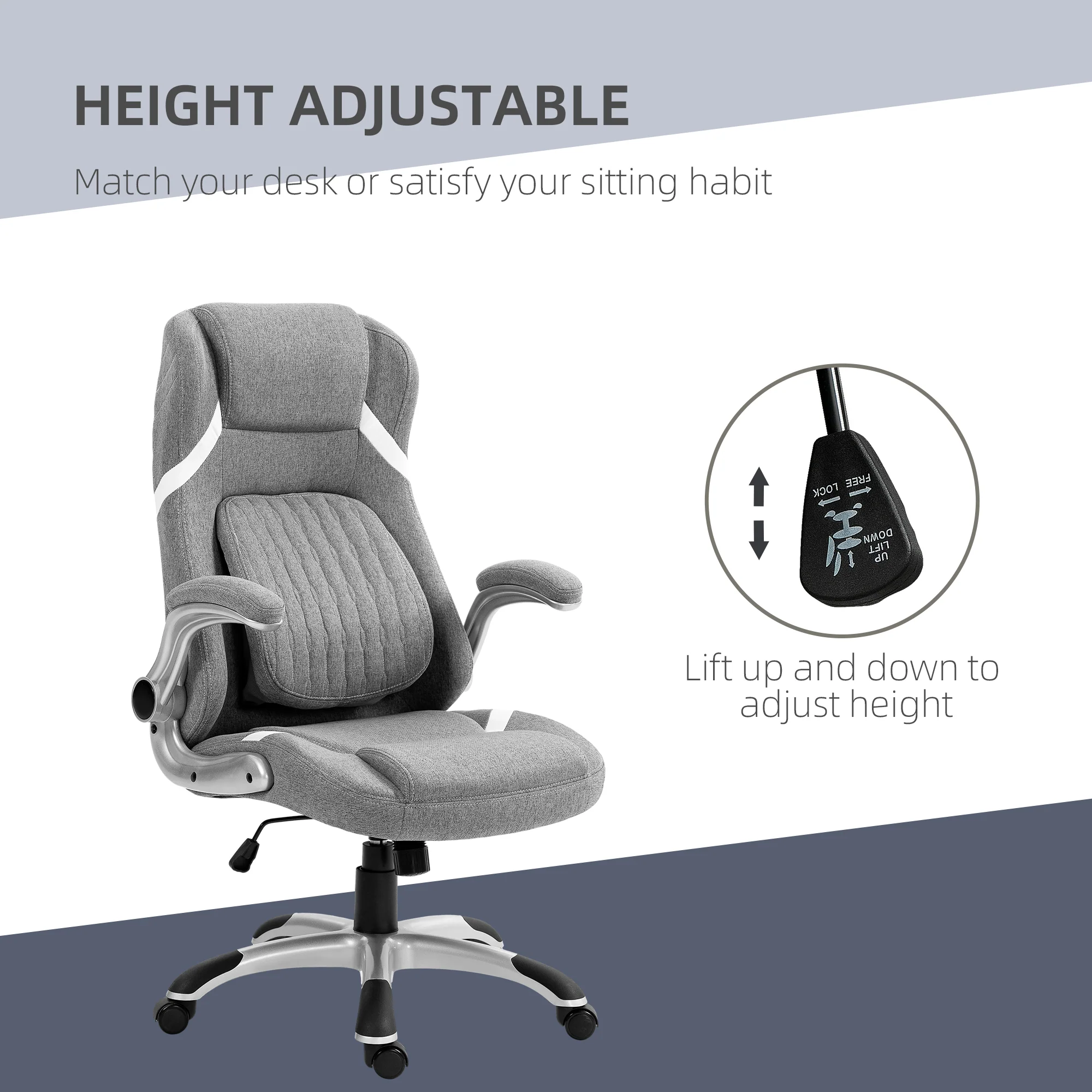 Fabric Office Chair with Flip-up Armrests, Adjustable Lumbar Support & Tilt Function, Grey - Image 6