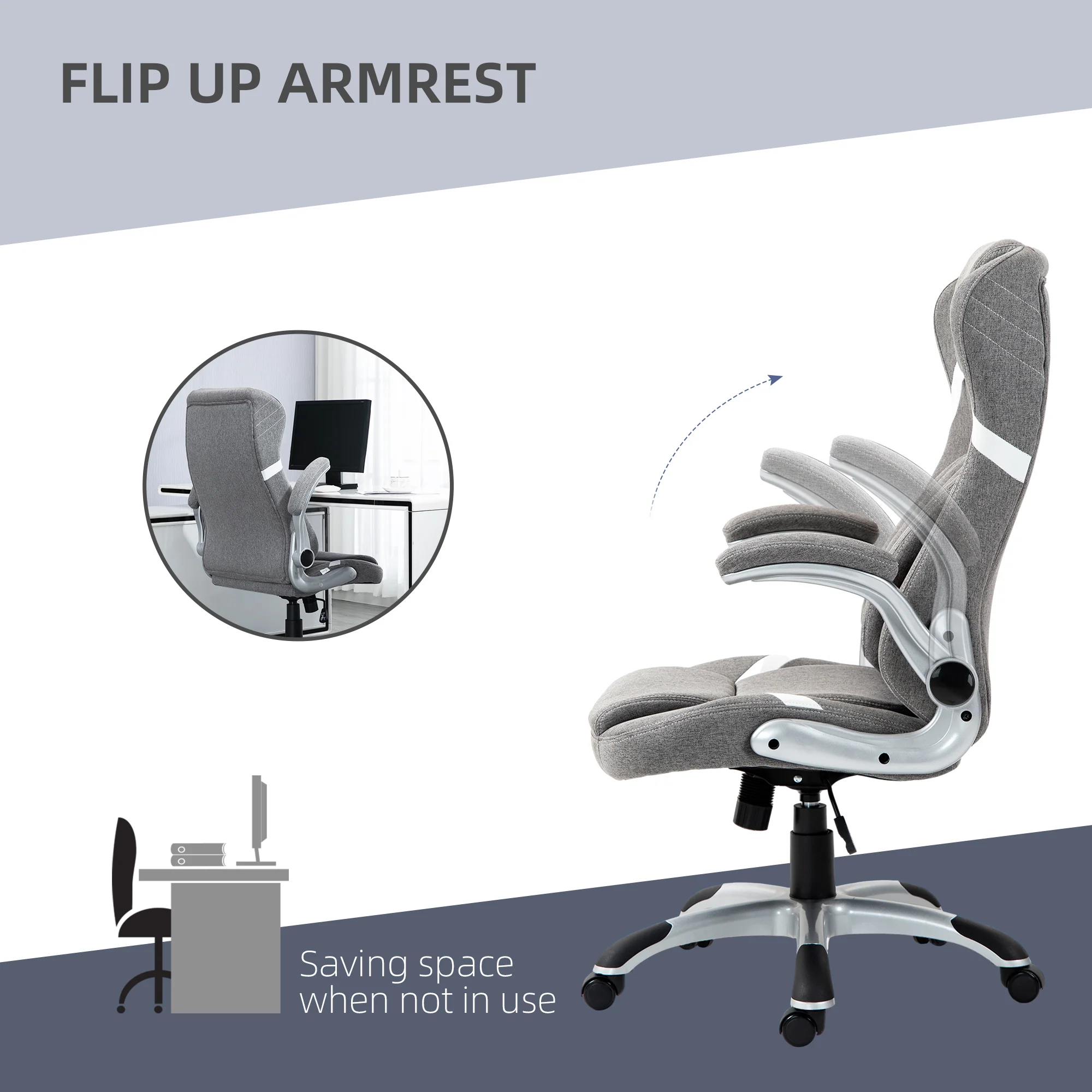 Fabric Office Chair with Flip-up Armrests, Adjustable Lumbar Support & Tilt Function, Grey - Image 9