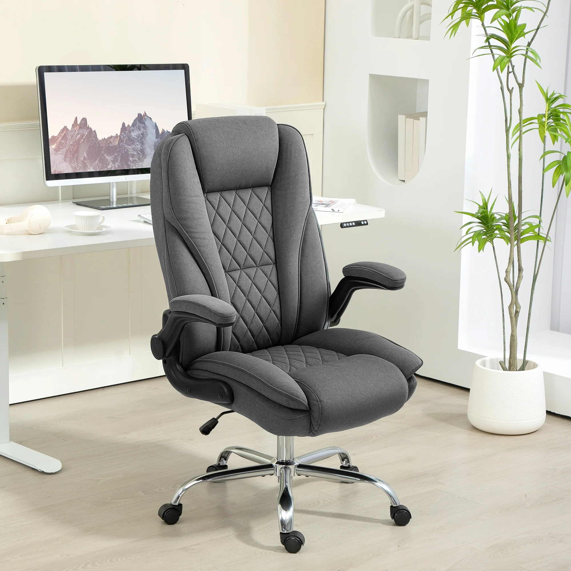 High Back Office Chair, Executive Desk Chair with Swivel Wheels, Modern Diamond Fabric Computer Gaming Chair, Dark Grey - Image 4